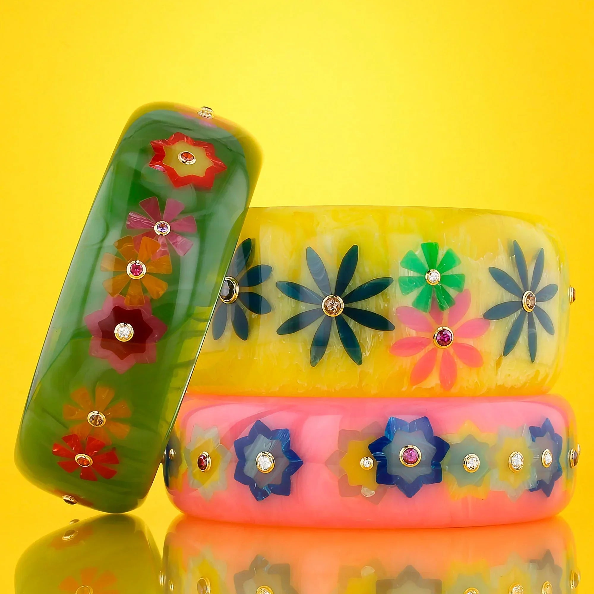 Blossom Bangle | Kelly green bakelite with inlay and stones.