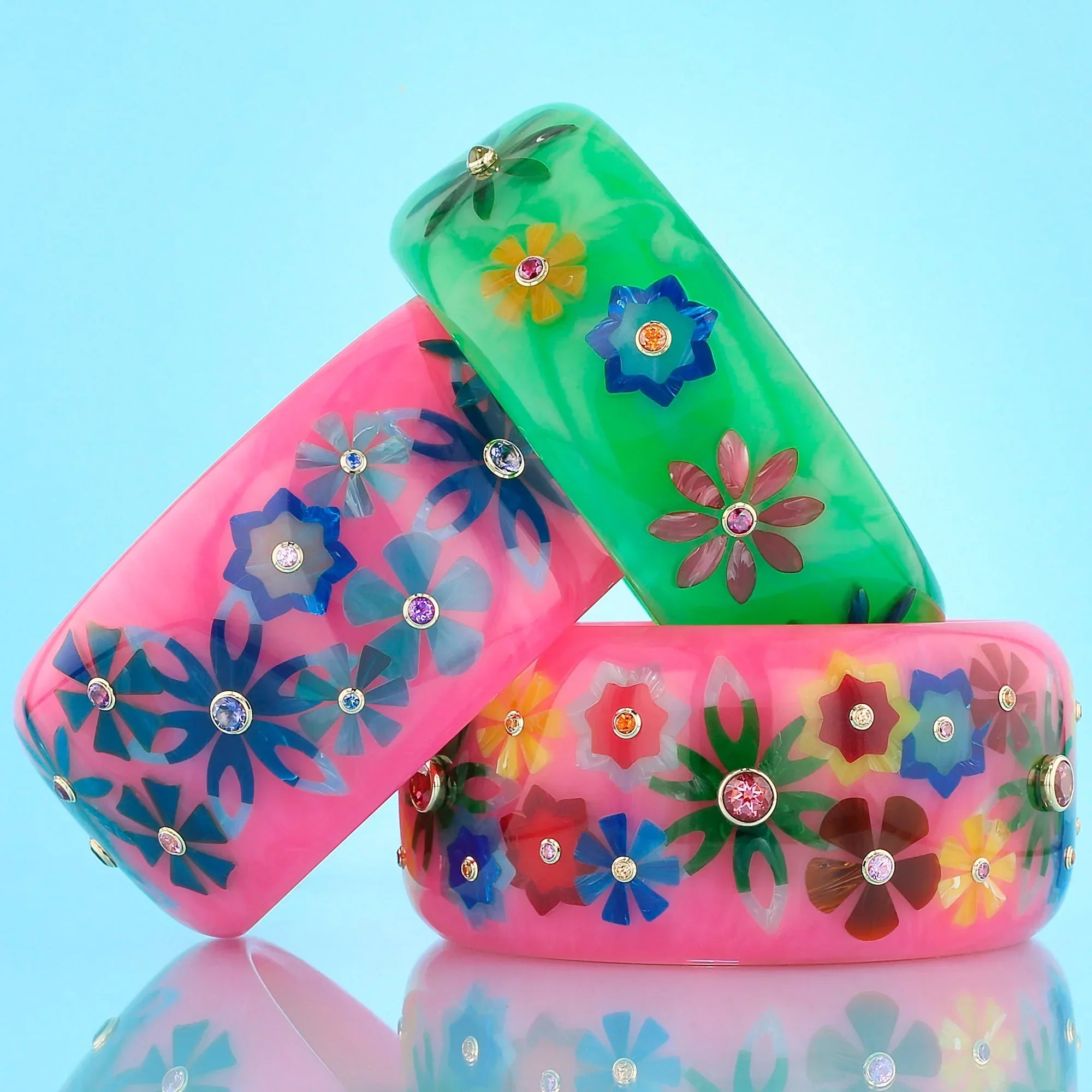 Blossom Bangle | Mint green bakelite with inlay and stones.