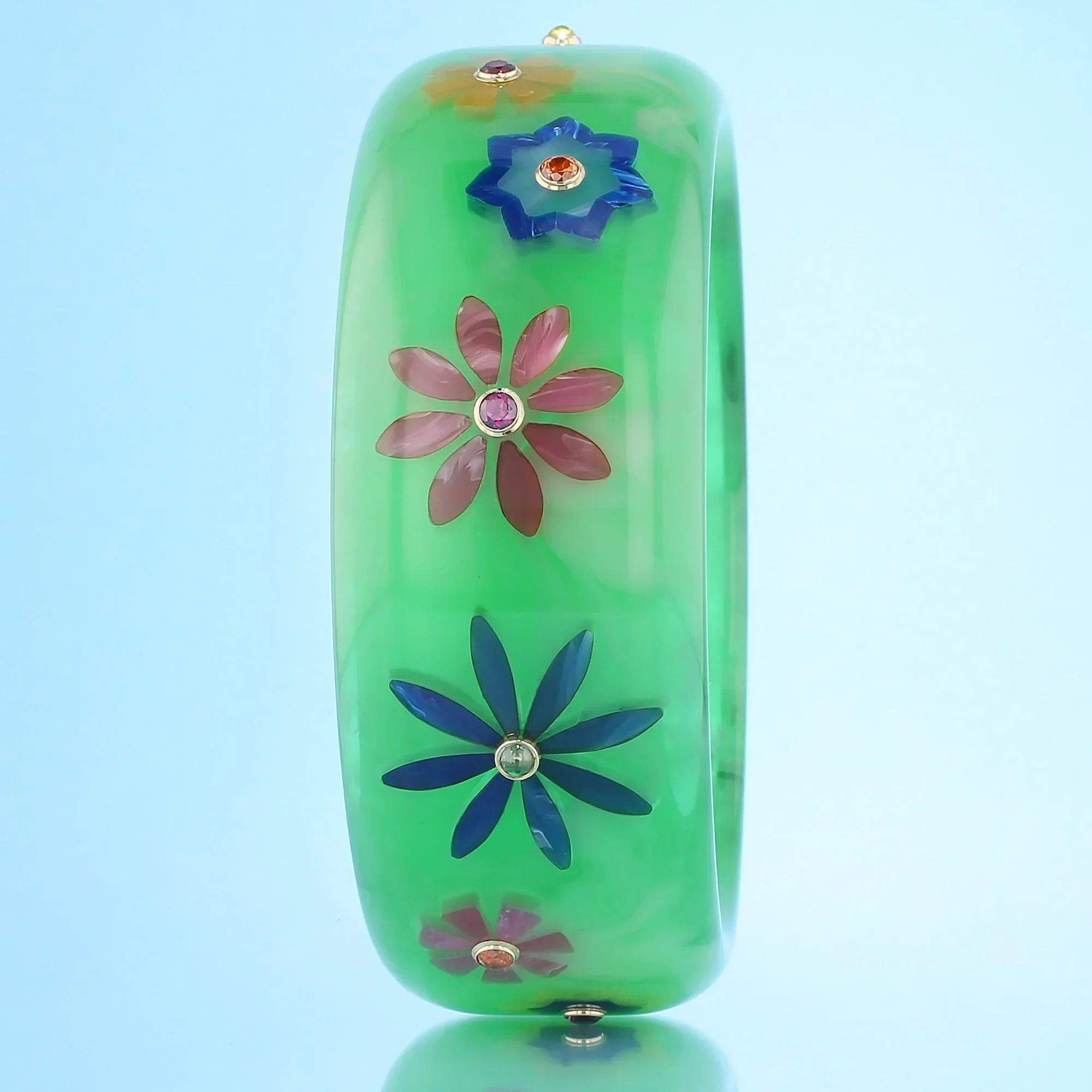 Blossom Bangle | Mint green bakelite with inlay and stones.