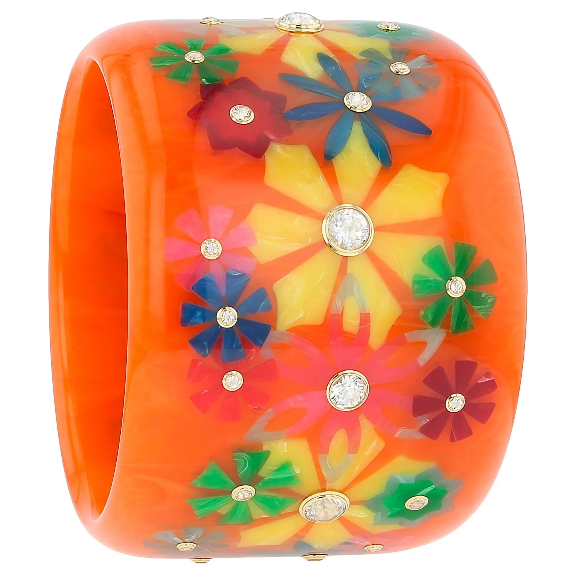 Bluma Bangle | Saturated orange bakelite with inlay and stones.