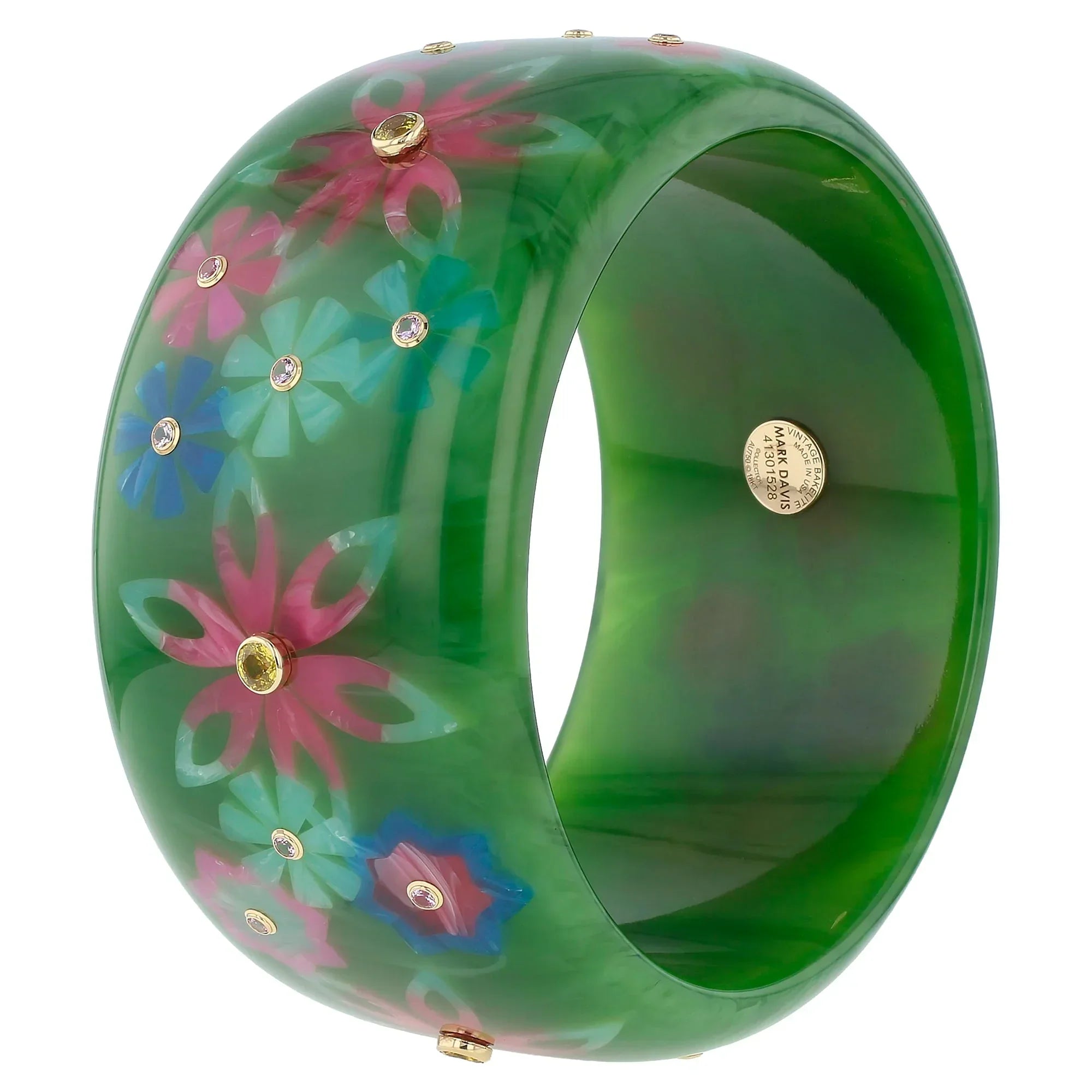 Bluma Bangle | Forest green bakelite with inlay and stones.