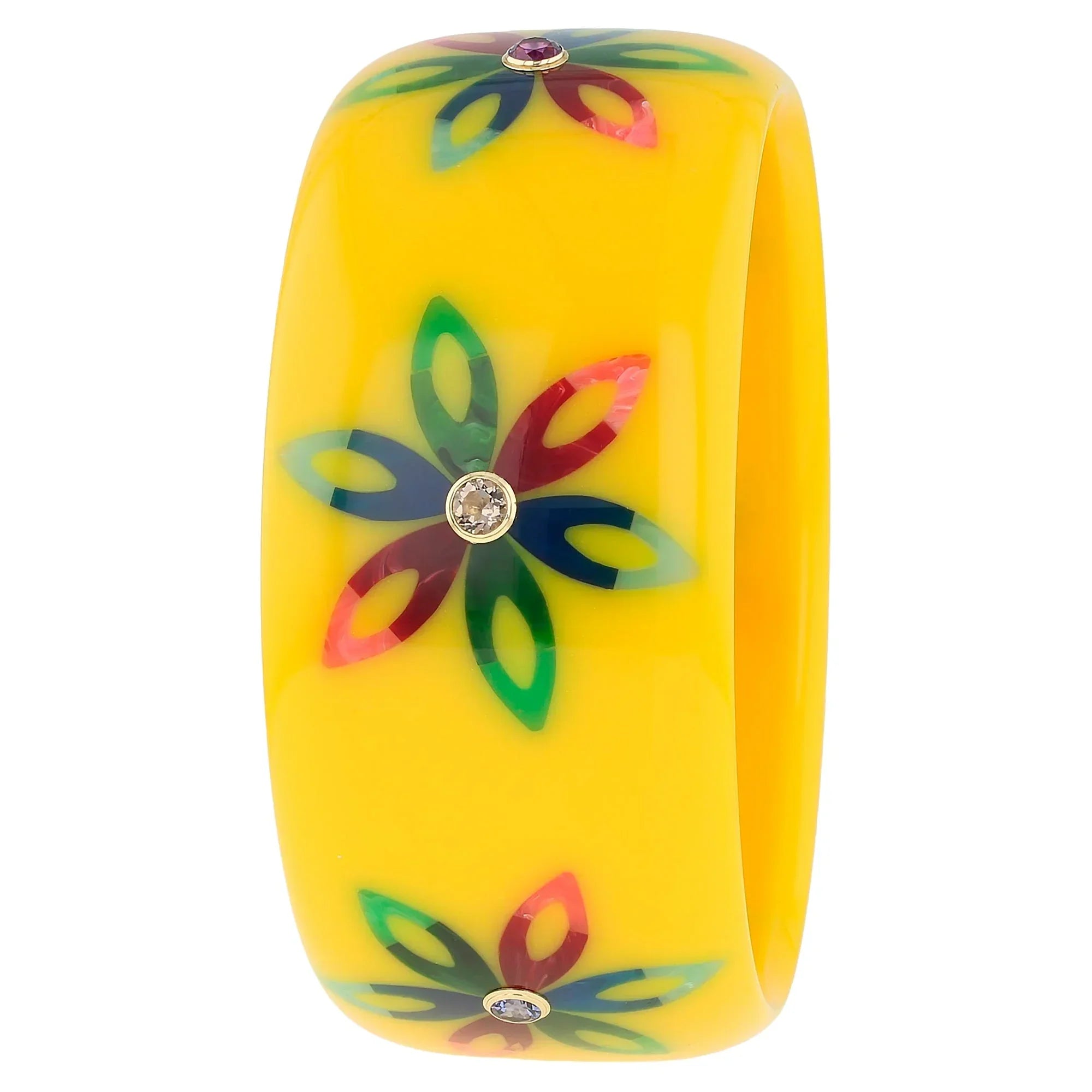 Bluma Bangle | Vivid yellow bakelite with inlay and stones.