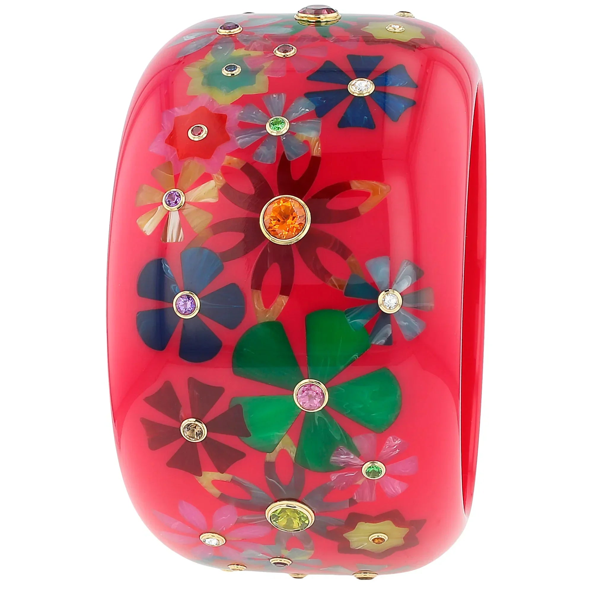 Bluma Bangle | Raspberry pink bakelite with inlay and stones.