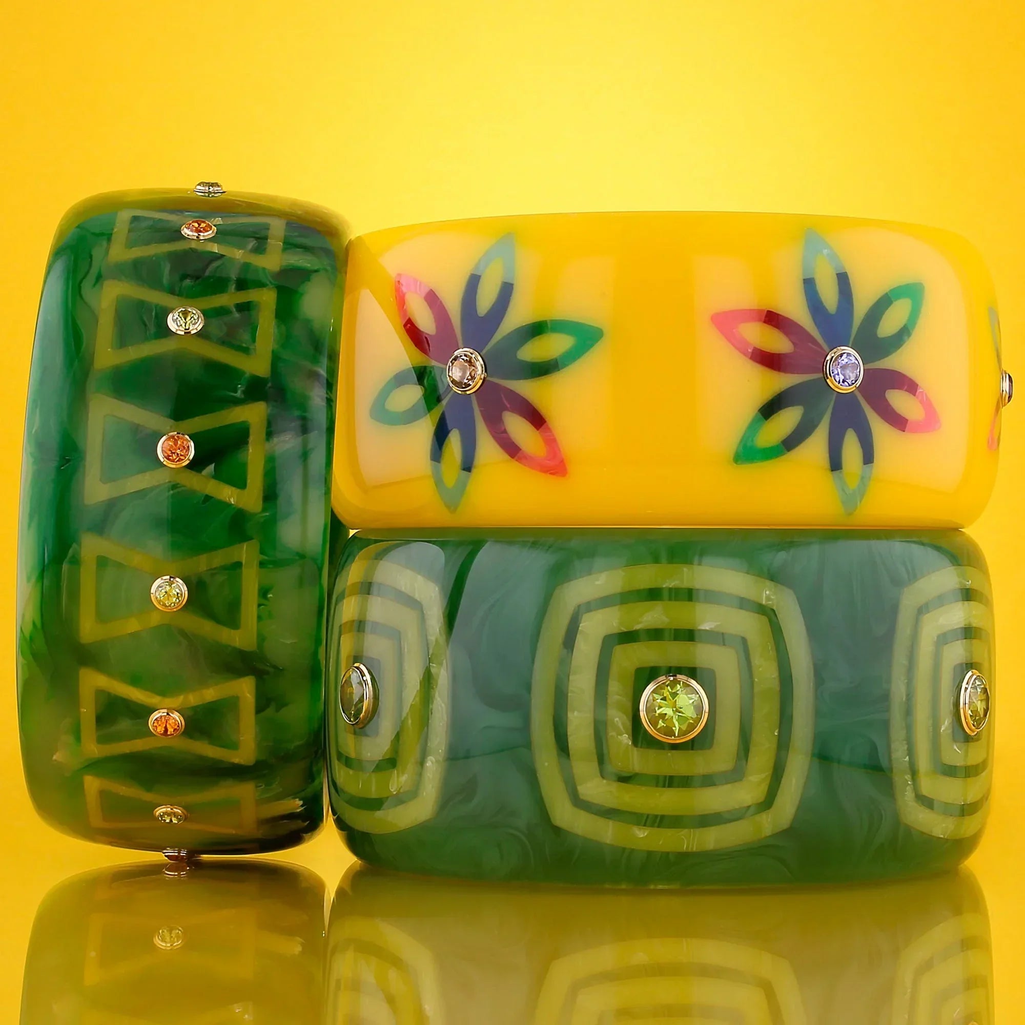 Bluma Bangle | Vivid yellow bakelite with inlay and stones.