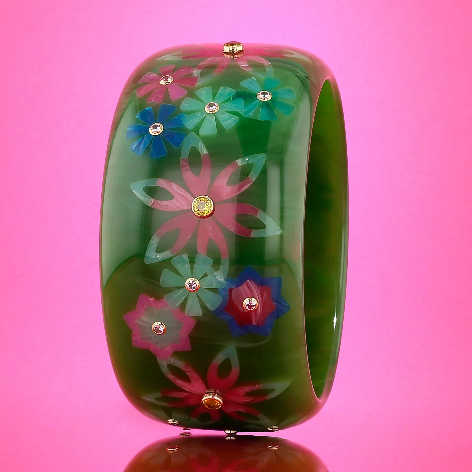 Bluma Bangle | Forest green bakelite with inlay and stones.
