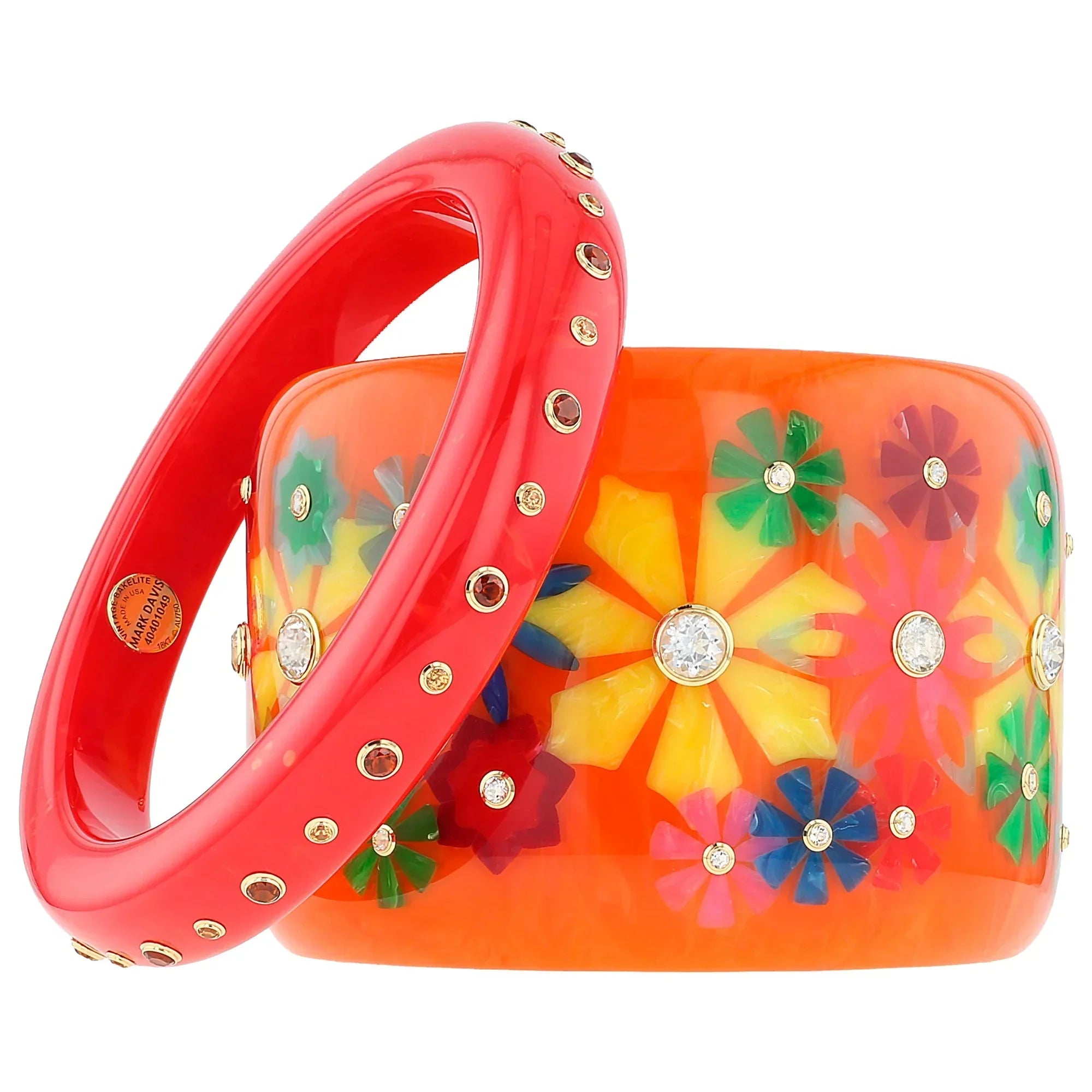 Bluma Bangle | Saturated orange bakelite with inlay and stones.