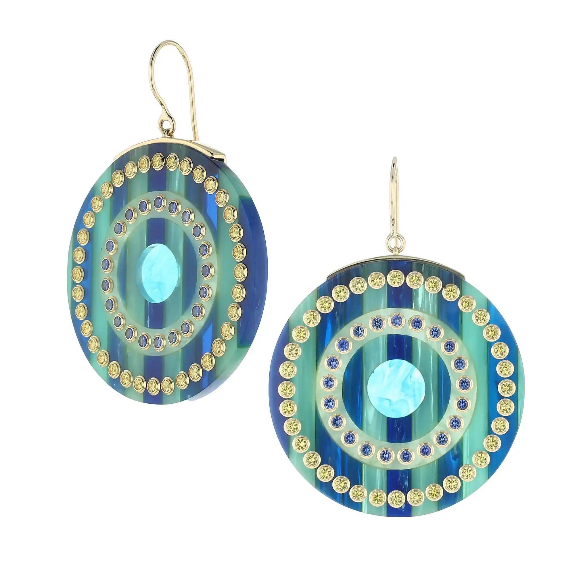 Blythe Earrings | Bakelite dangle earrings with inlay and sapphires.