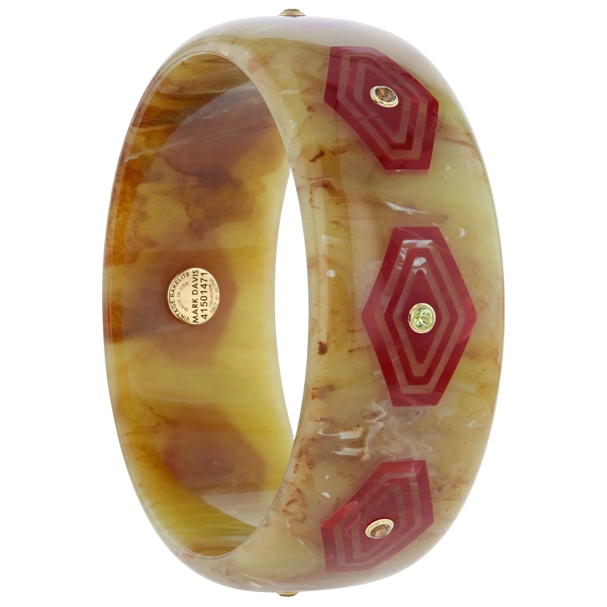 Brady Bangle | Bakelite with angular hexagons inlay and stones.