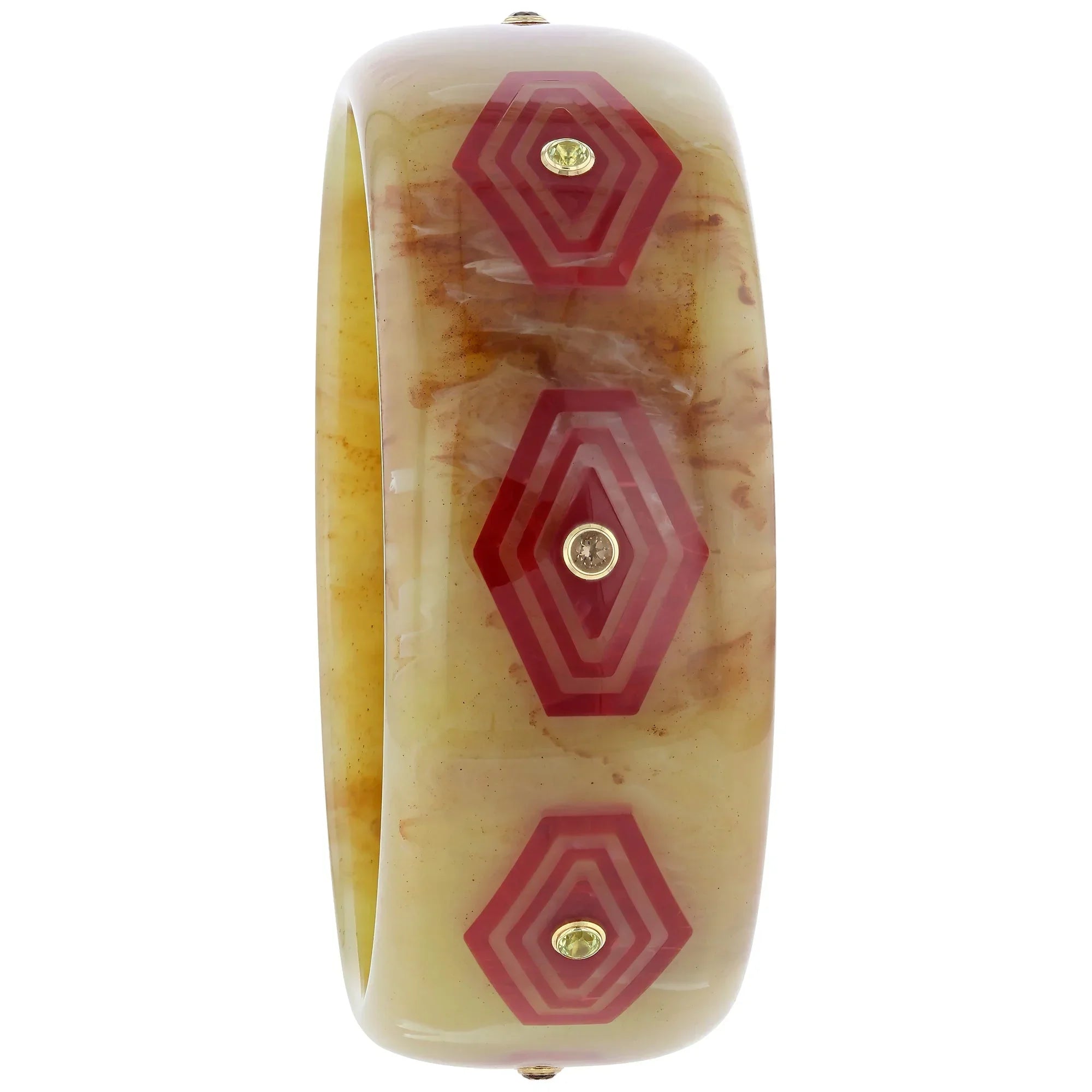 Brady Bangle | Bakelite with angular hexagons inlay and stones.