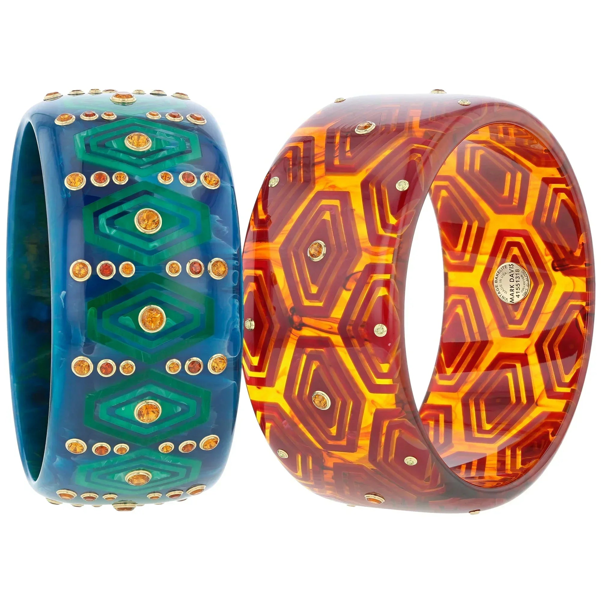 Brady III Bangle | Honey colored bakelite with inlay and stones.