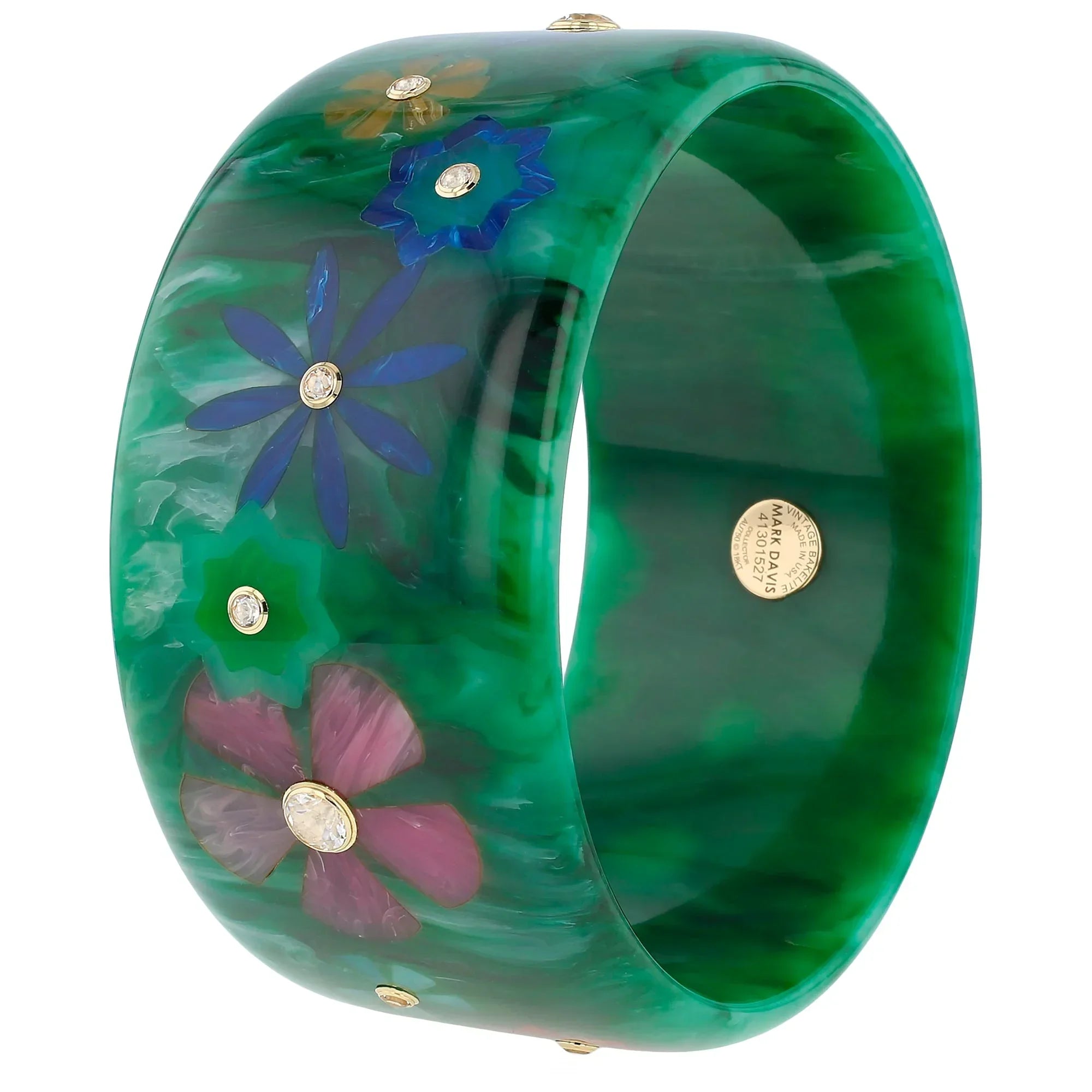 Camellia Bangle | Tonal green bakelite with inlay and stones.