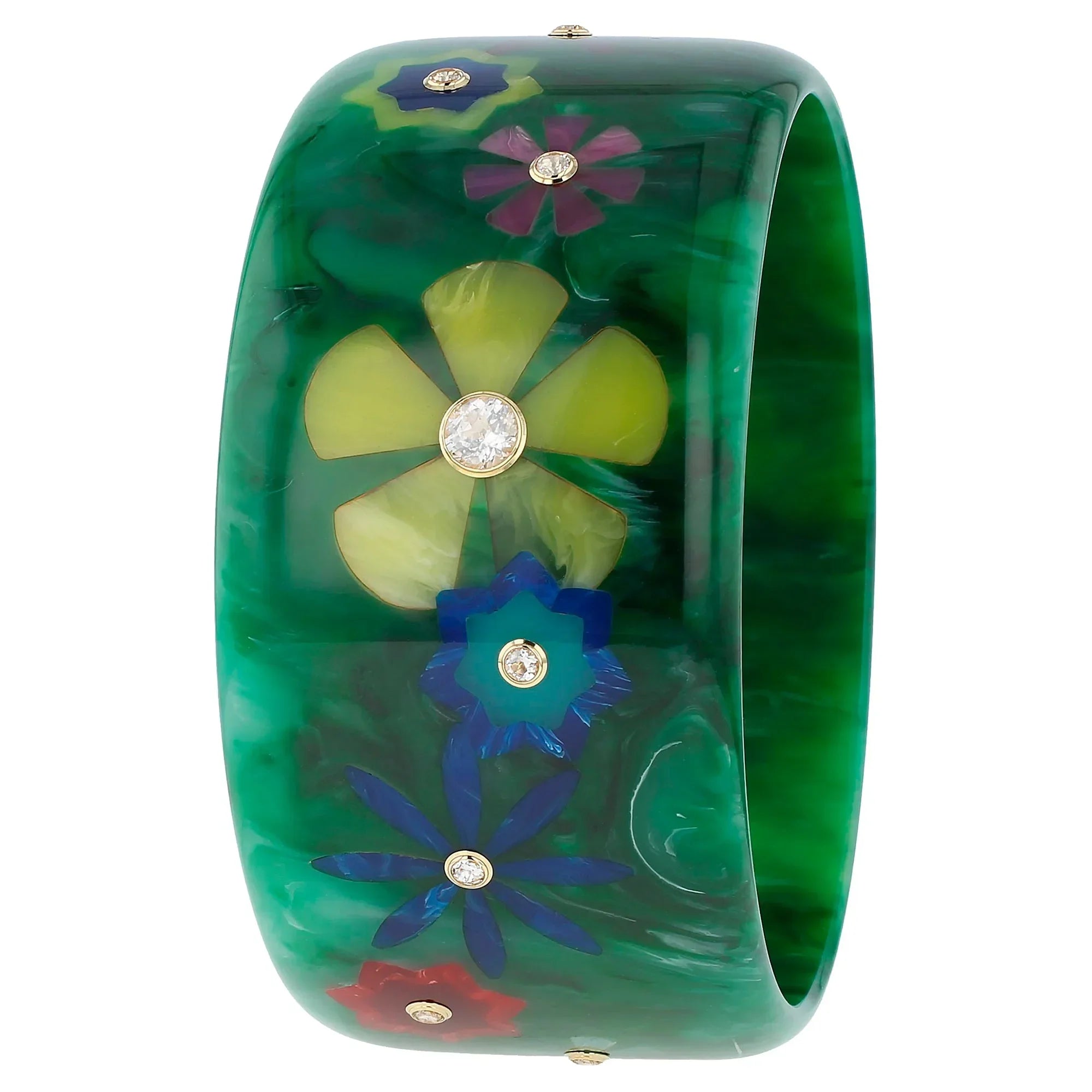 Camellia Bangle | Tonal green bakelite with inlay and stones.