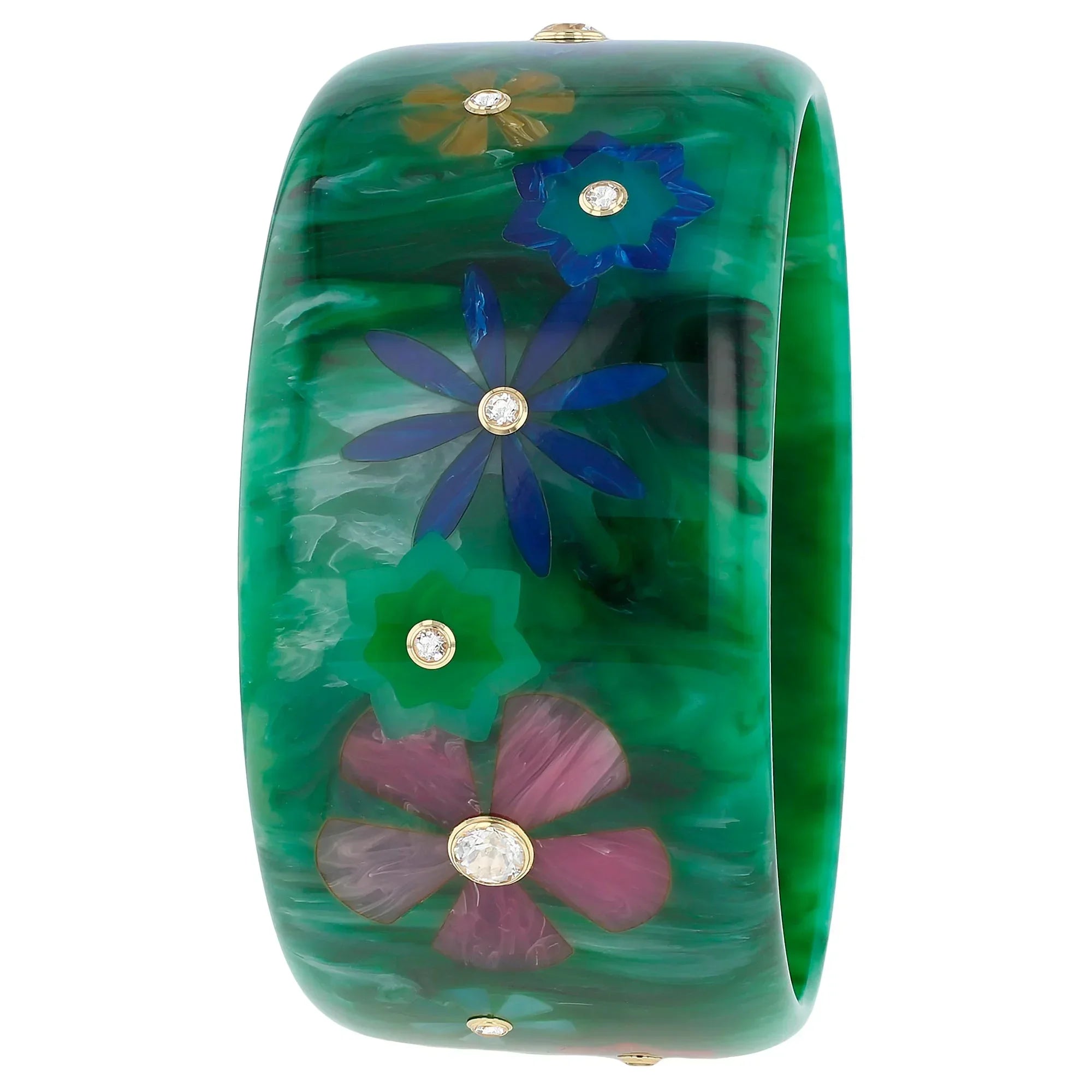 Camellia Bangle | Tonal green bakelite with inlay and stones.
