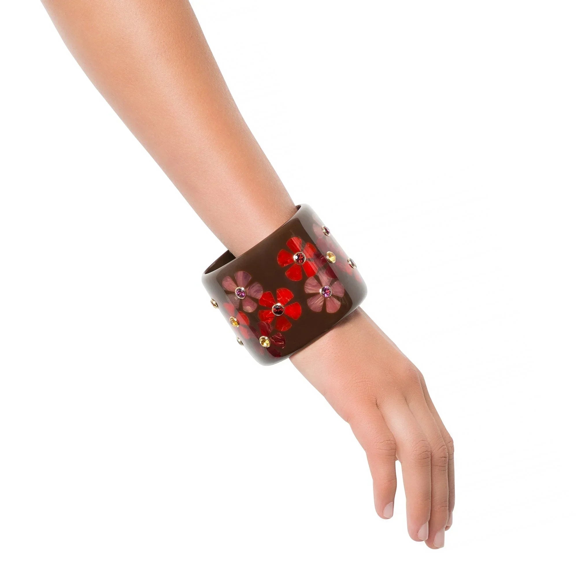 Camille Bangle | Brown bakelite with inlay and stones.