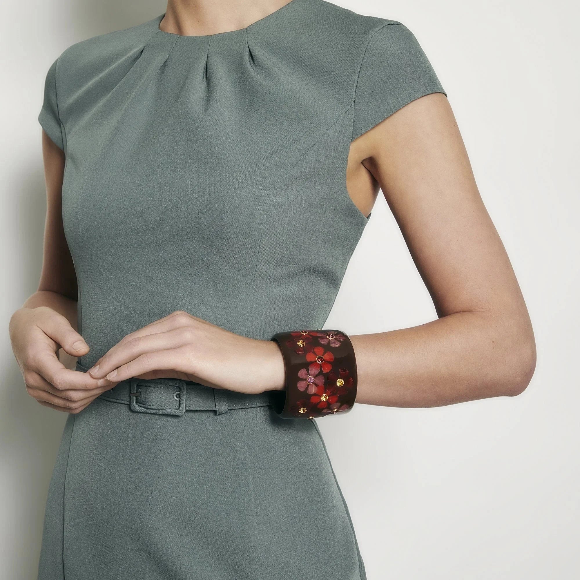 Camille Bangle | Brown bakelite with inlay and stones.