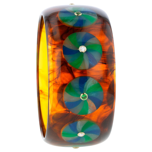 Candace Bangle | Uniquely marbled bakelite bangle with inlay and stones.