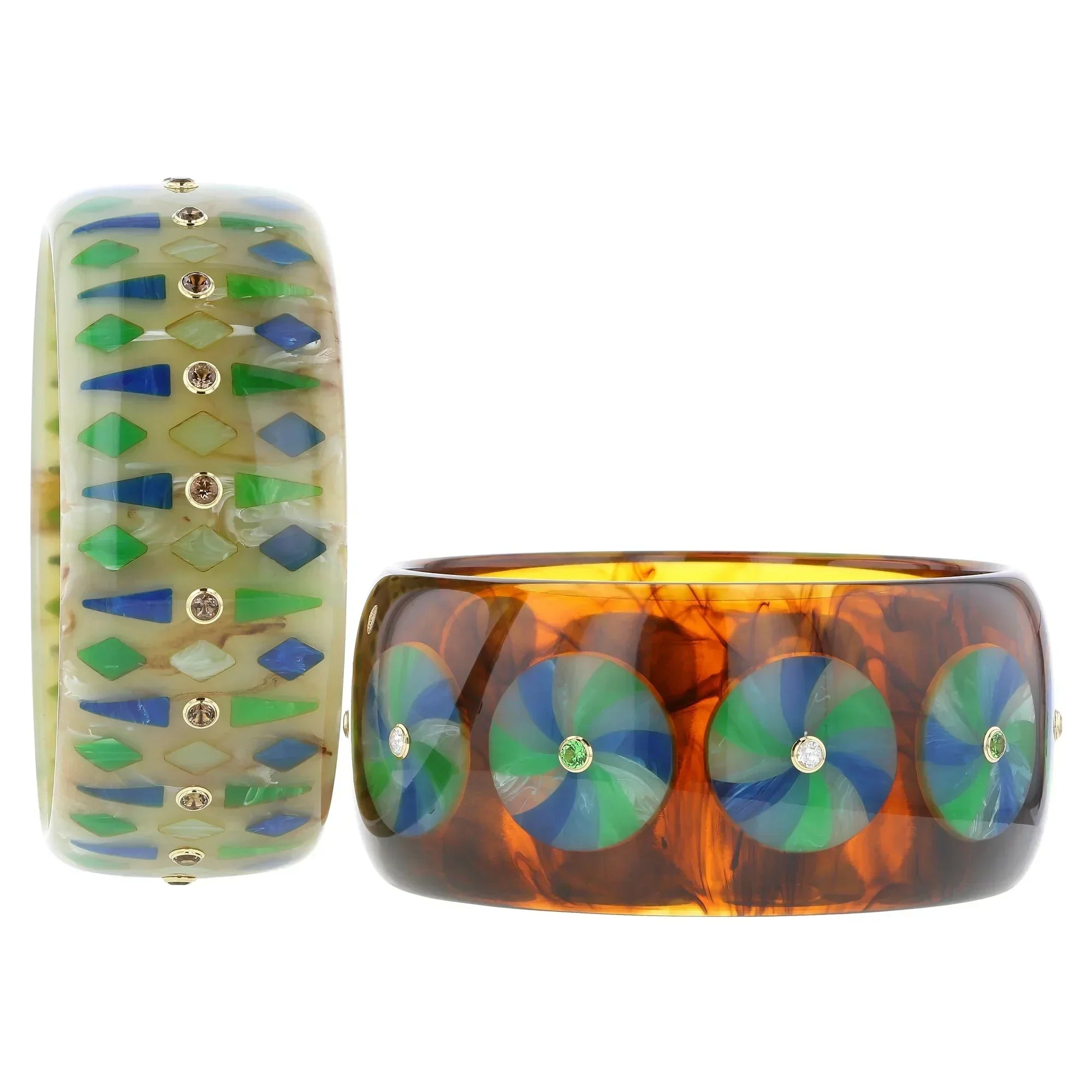 Candace Bangle | Uniquely marbled bakelite bangle with inlay and stones.