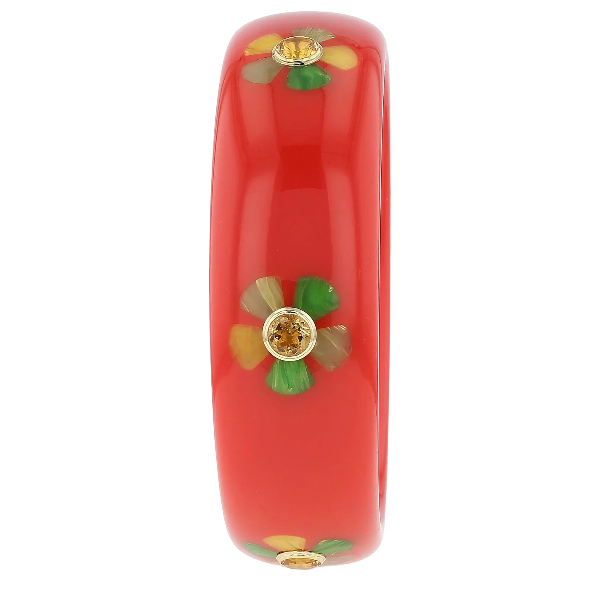 Carmine Bangle | Red orange bakelite with inlay and stones.