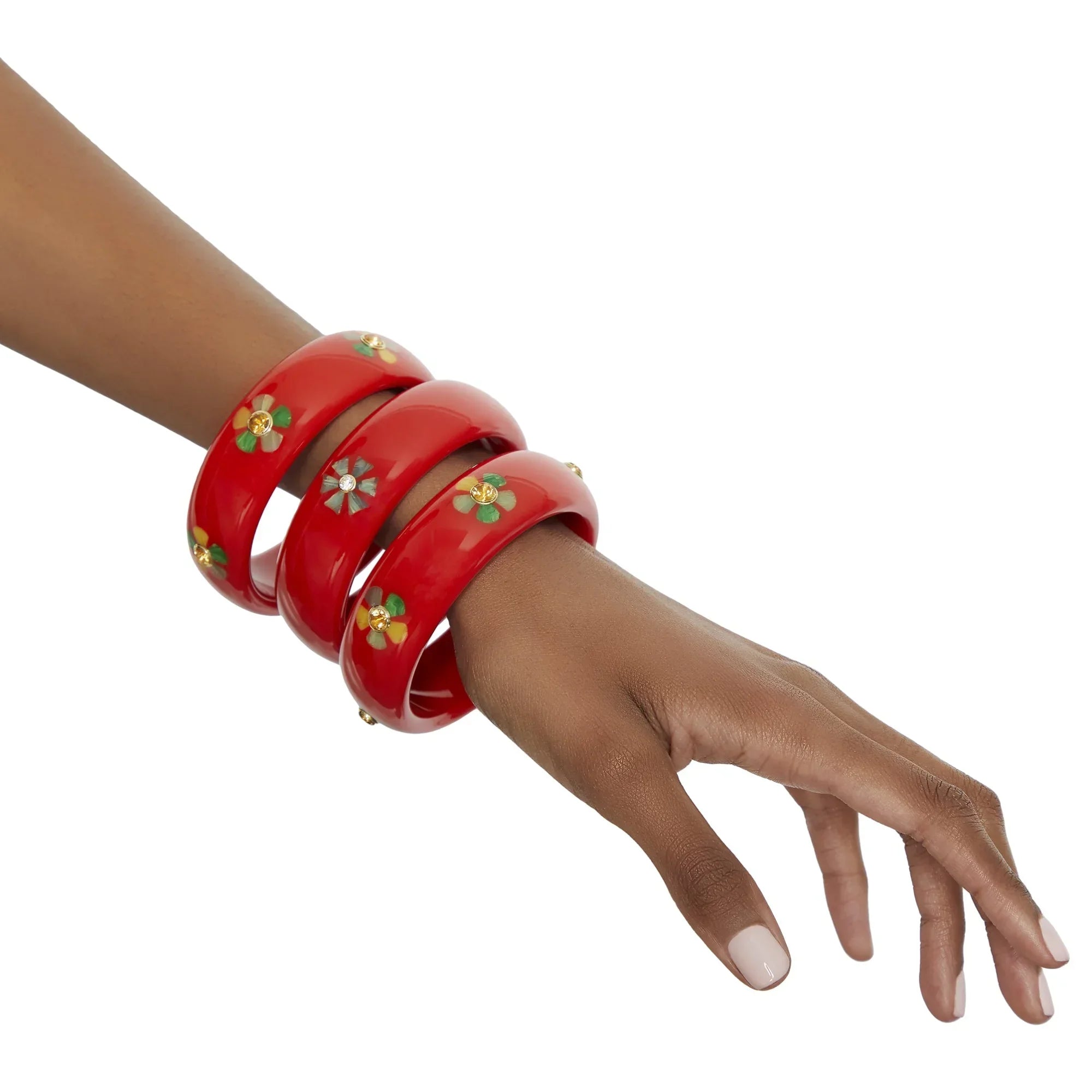 Carmine Bangle | Red orange bakelite with inlay and stones.