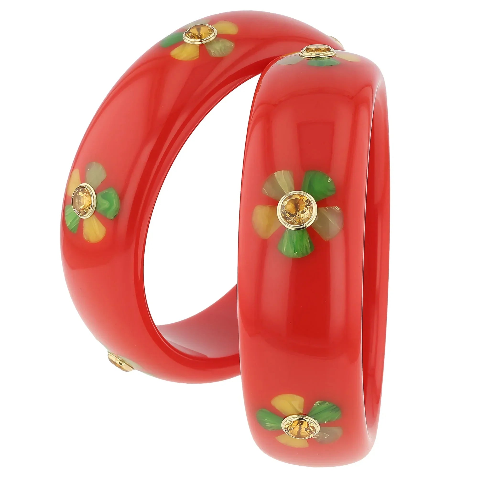 Carmine Bangle | Red orange bakelite with inlay and stones.