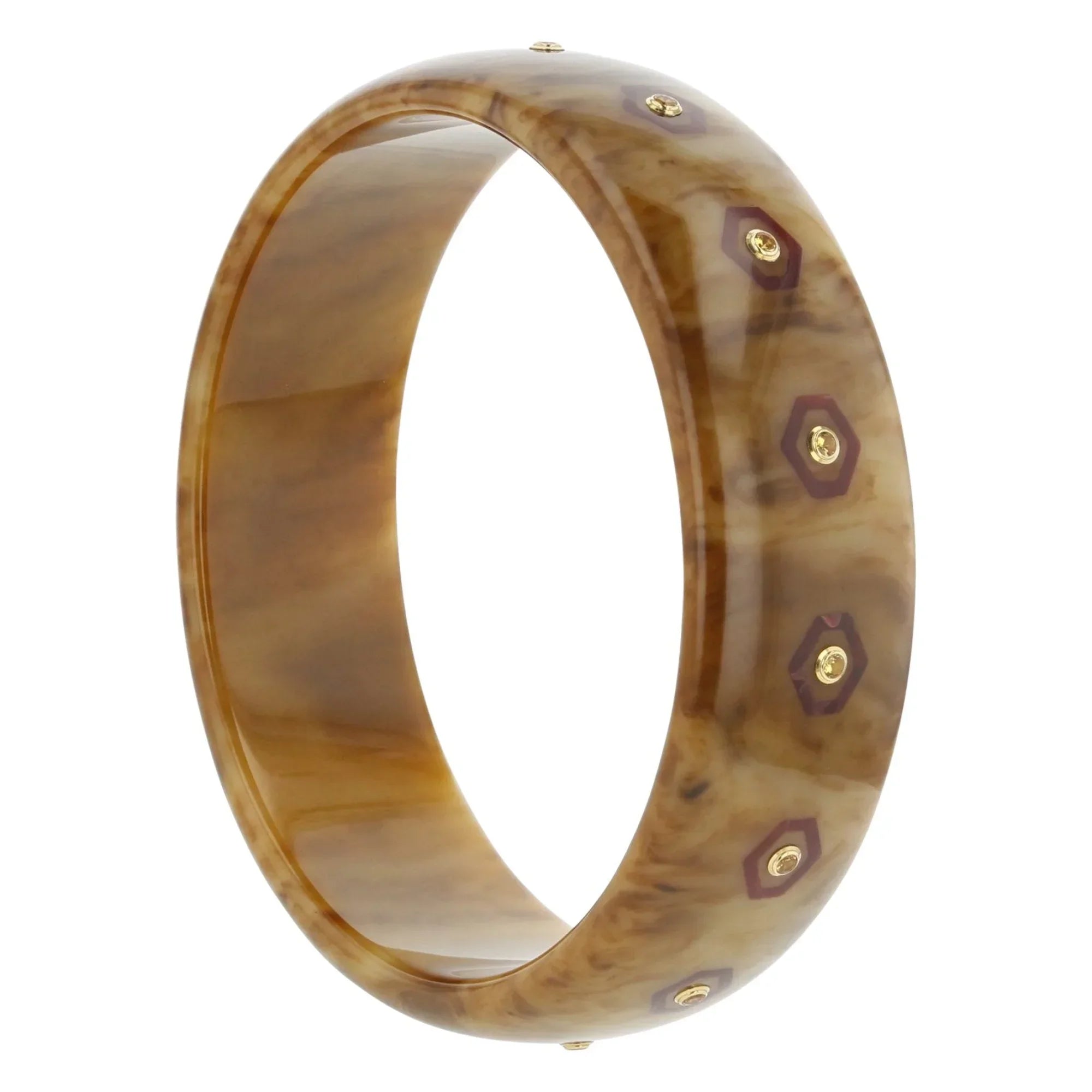 Cece Bangle | Cream and coffee marbled bangle with inlay and stones.