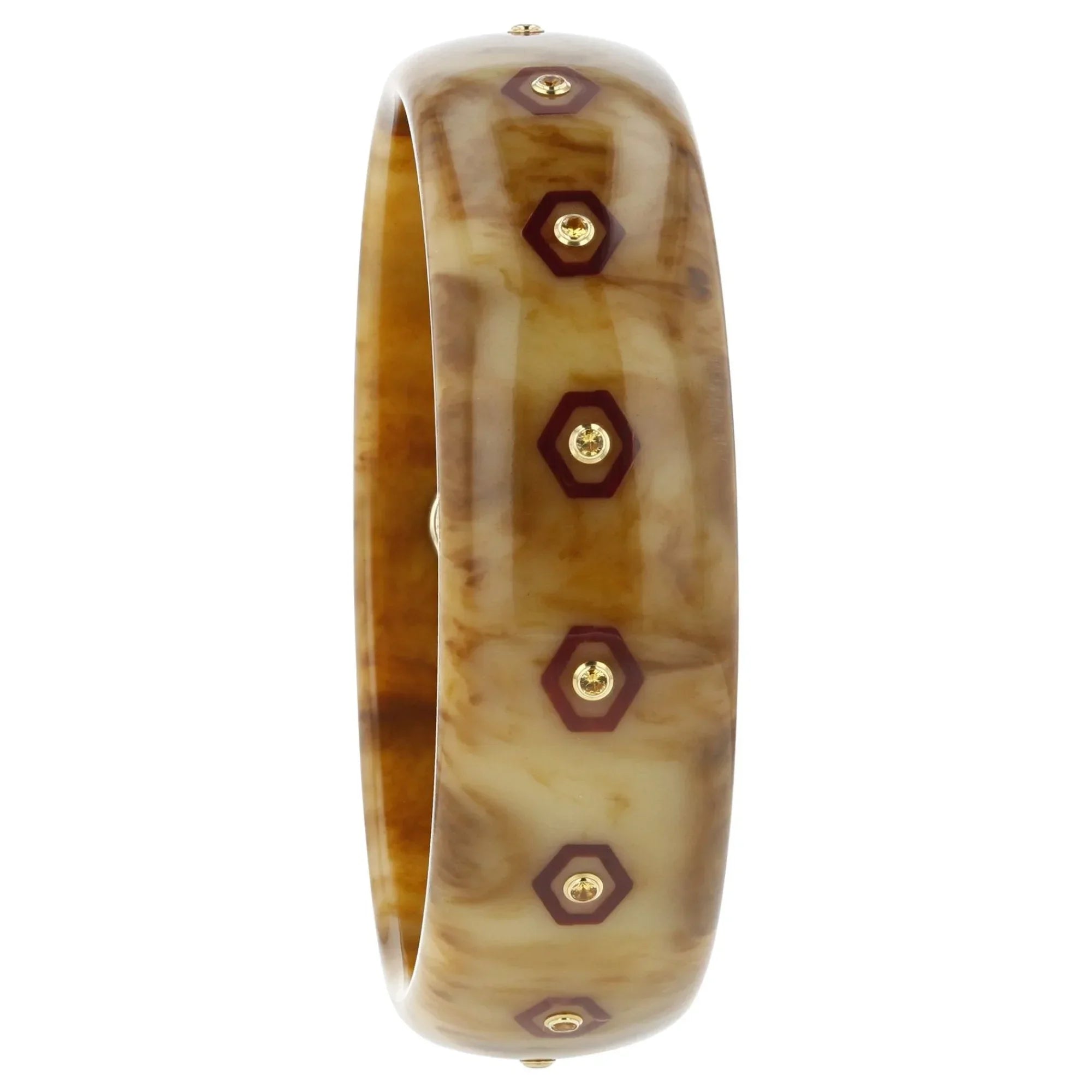 Cece Bangle | Cream and coffee marbled bangle with inlay and stones.