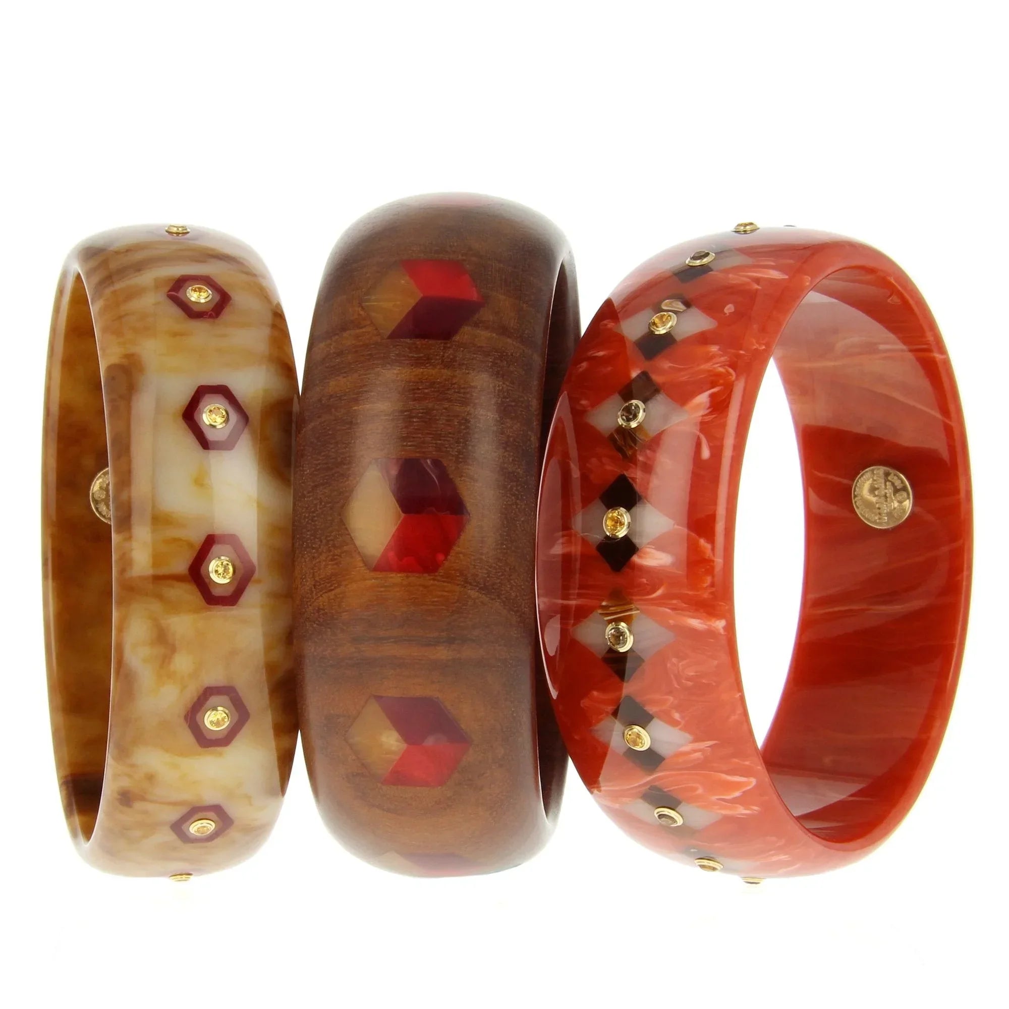 Cece Bangle | Cream and coffee marbled bangle with inlay and stones.