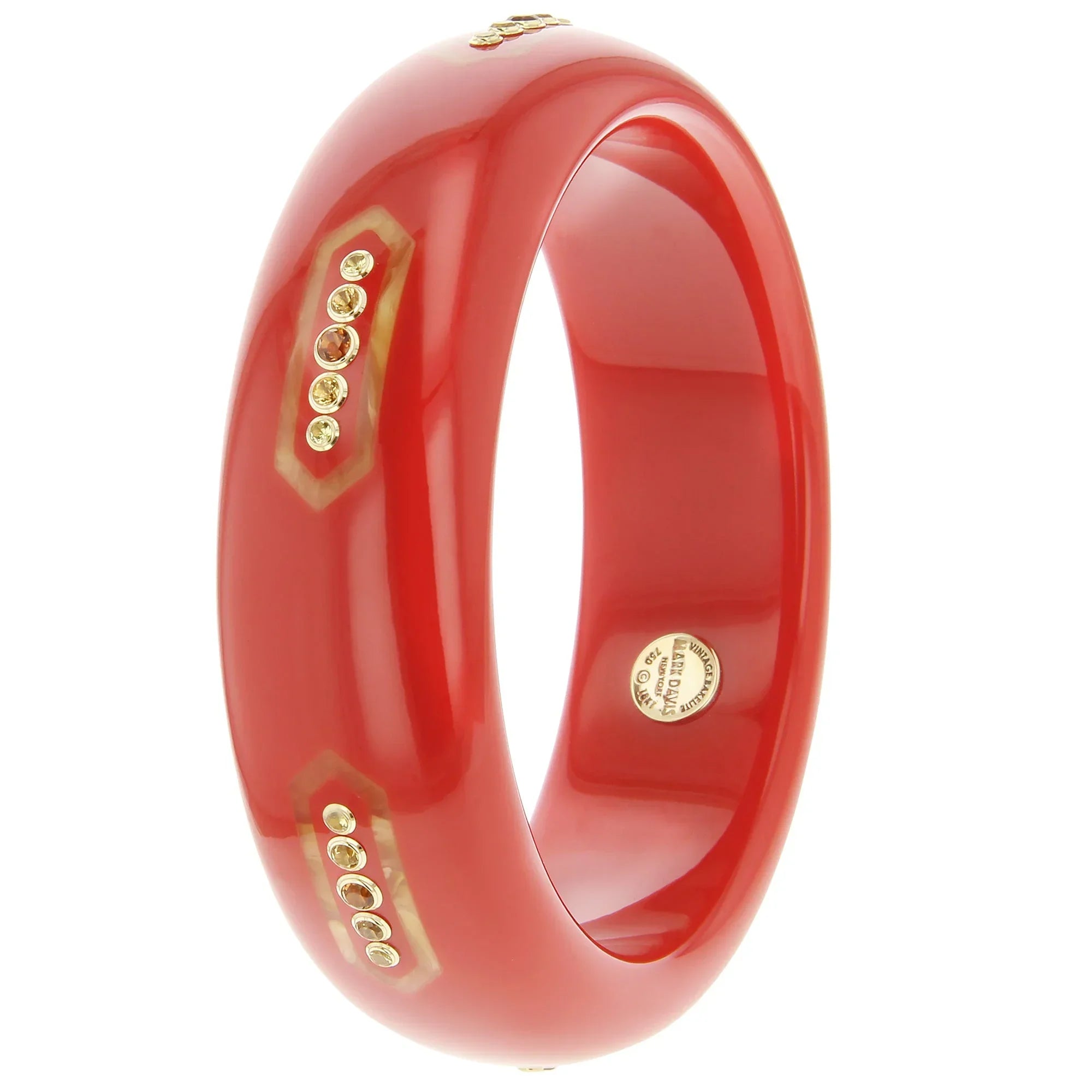 Celie Bangle | Coral bakelite with inlay and stones.