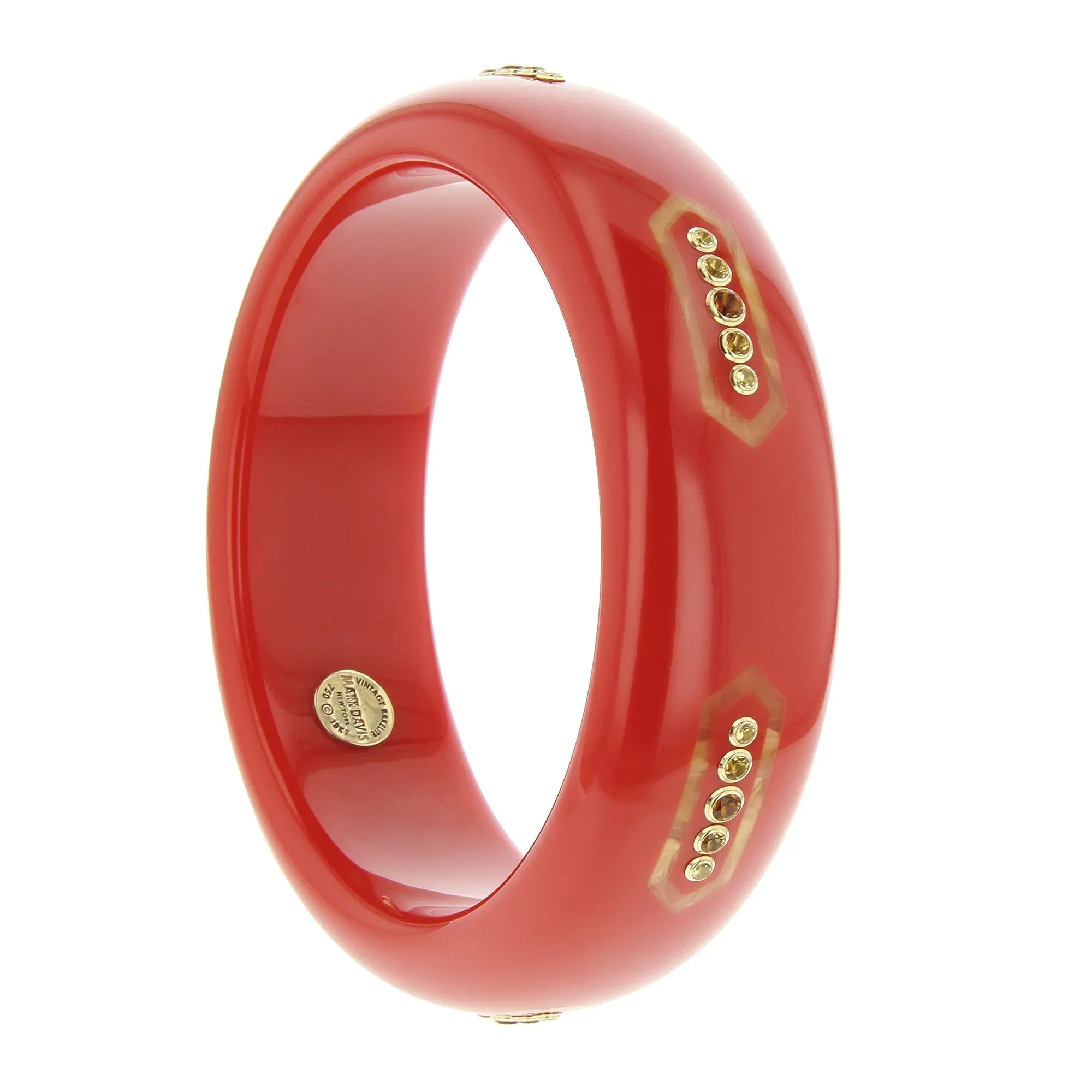 Celie Bangle | Coral bakelite with inlay and stones.