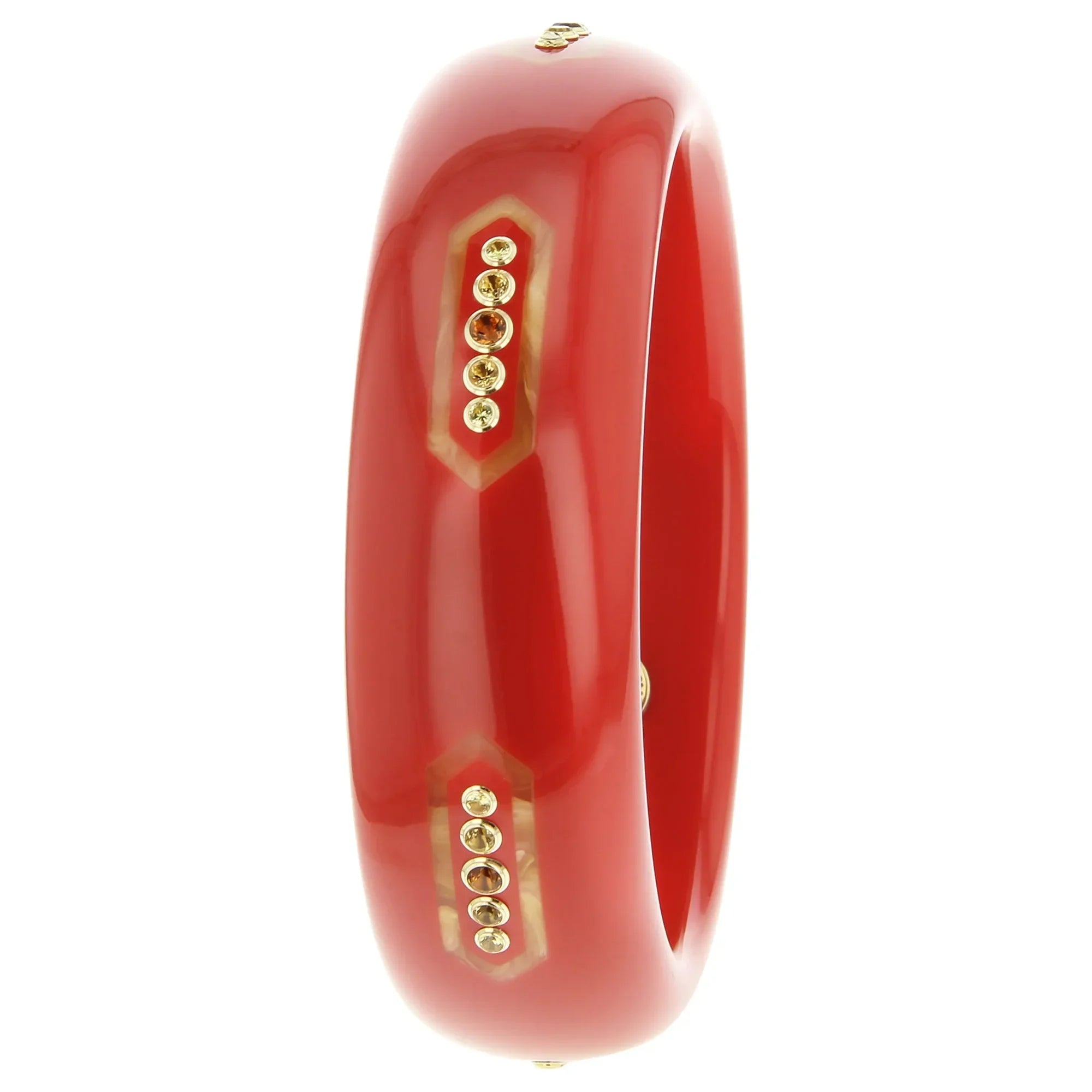 Celie Bangle | Coral bakelite with inlay and stones.