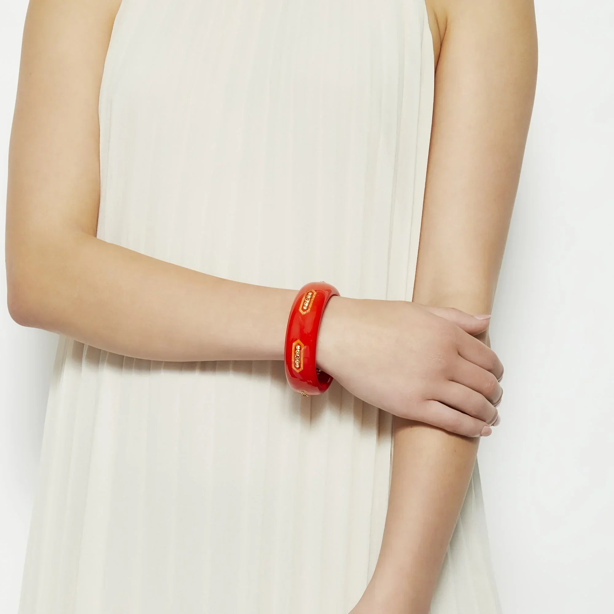 Celie Bangle | Coral bakelite with inlay and stones.