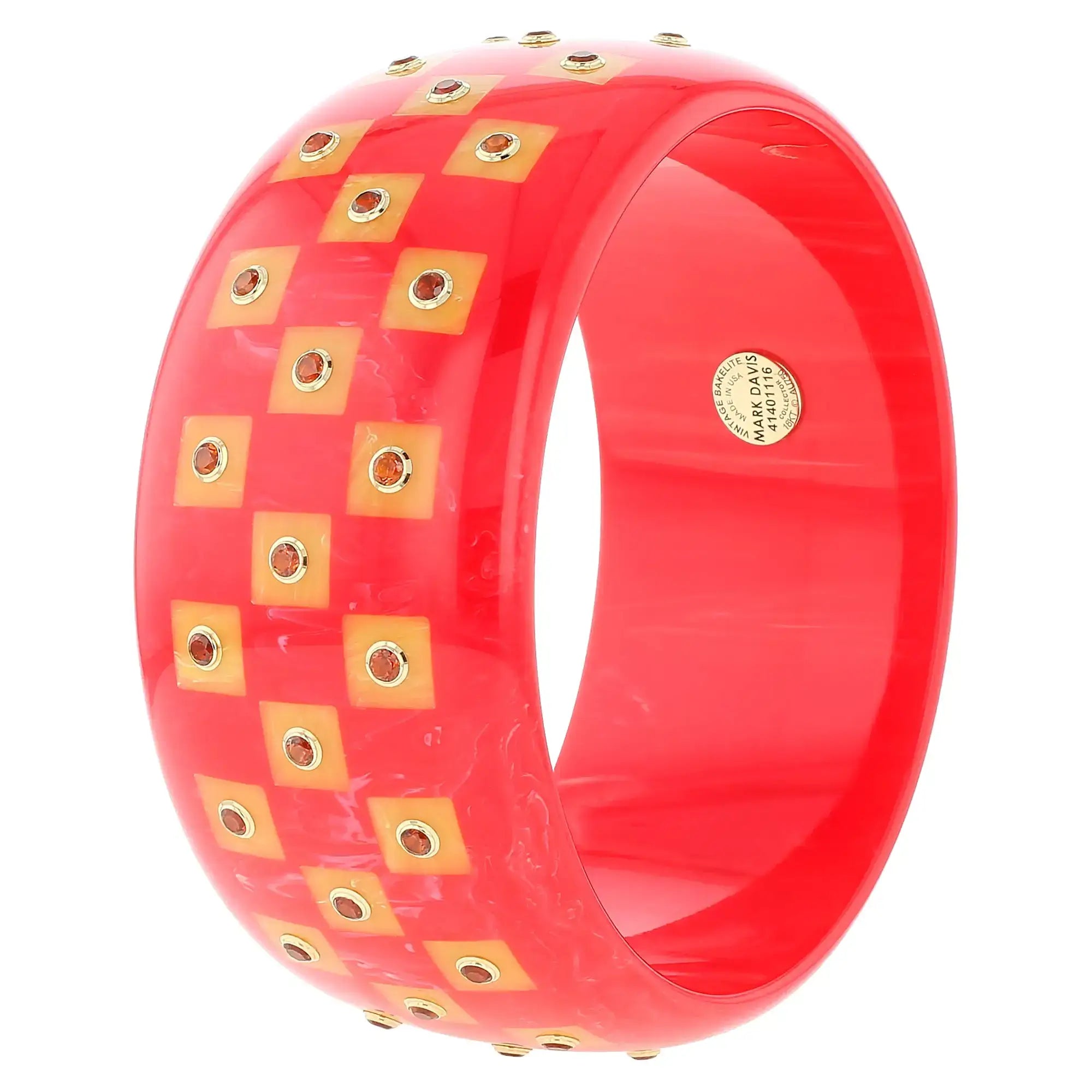 Chelsea Bangle | Blush red bakelite with inlay and stones.