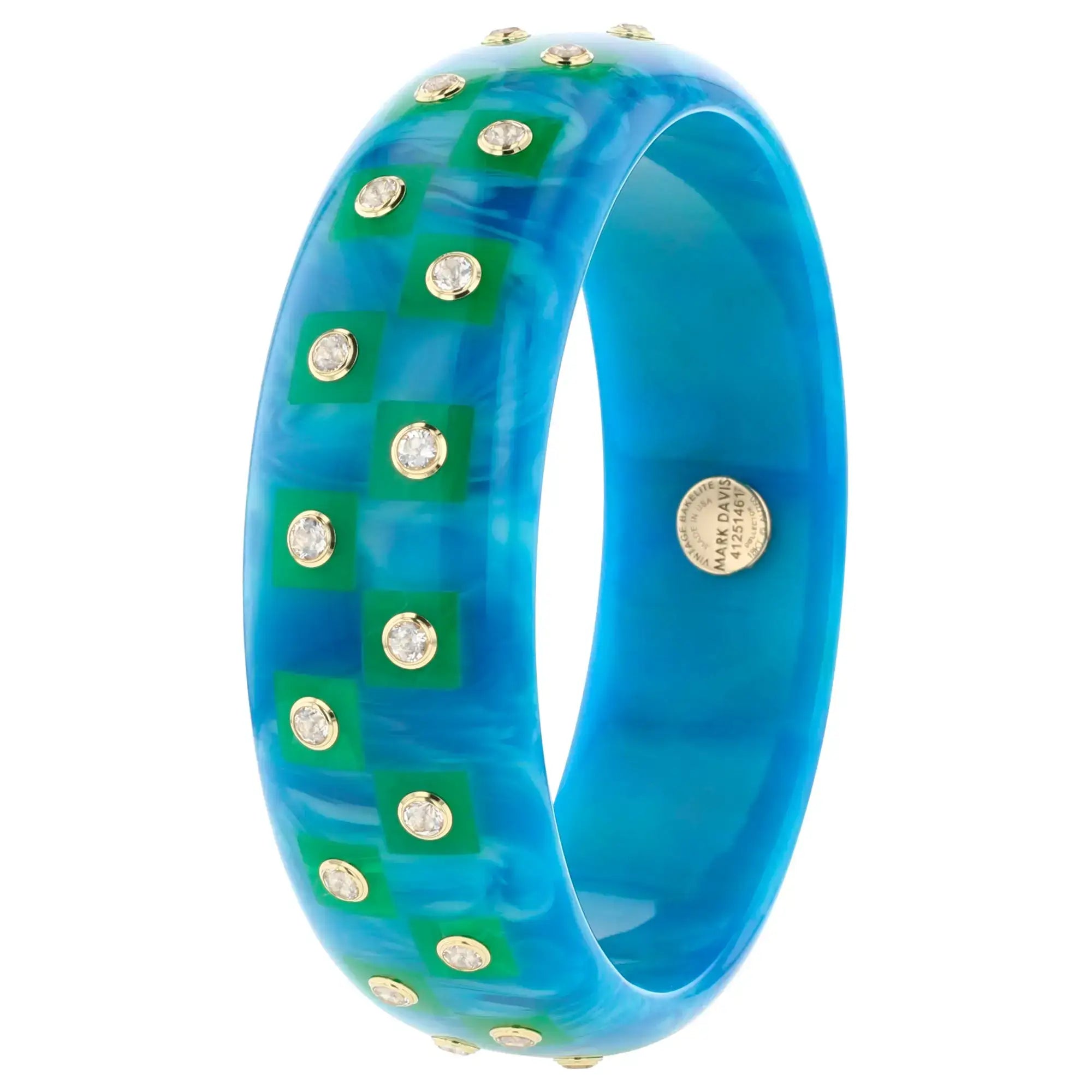 Chelsea Bangle | Aqua bakelite with inlay and stones.