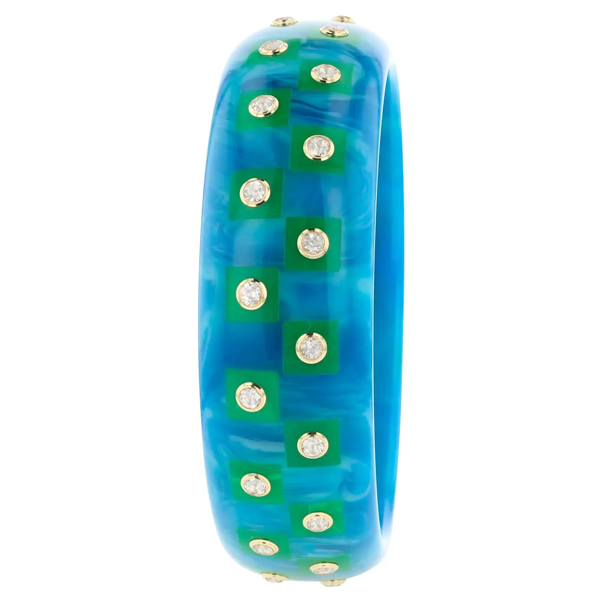 Chelsea Bangle | Aqua bakelite with inlay and stones.