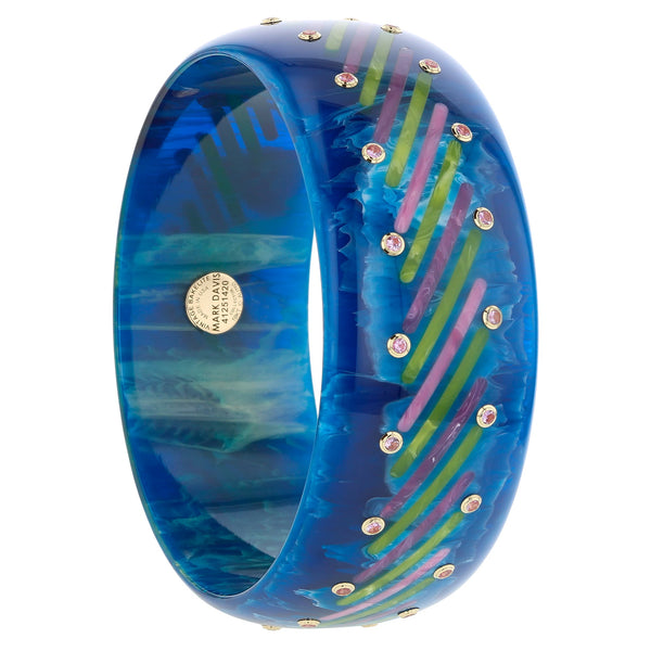 Clara Bangle | Bakelite bangle with line pattern inlay and stones.