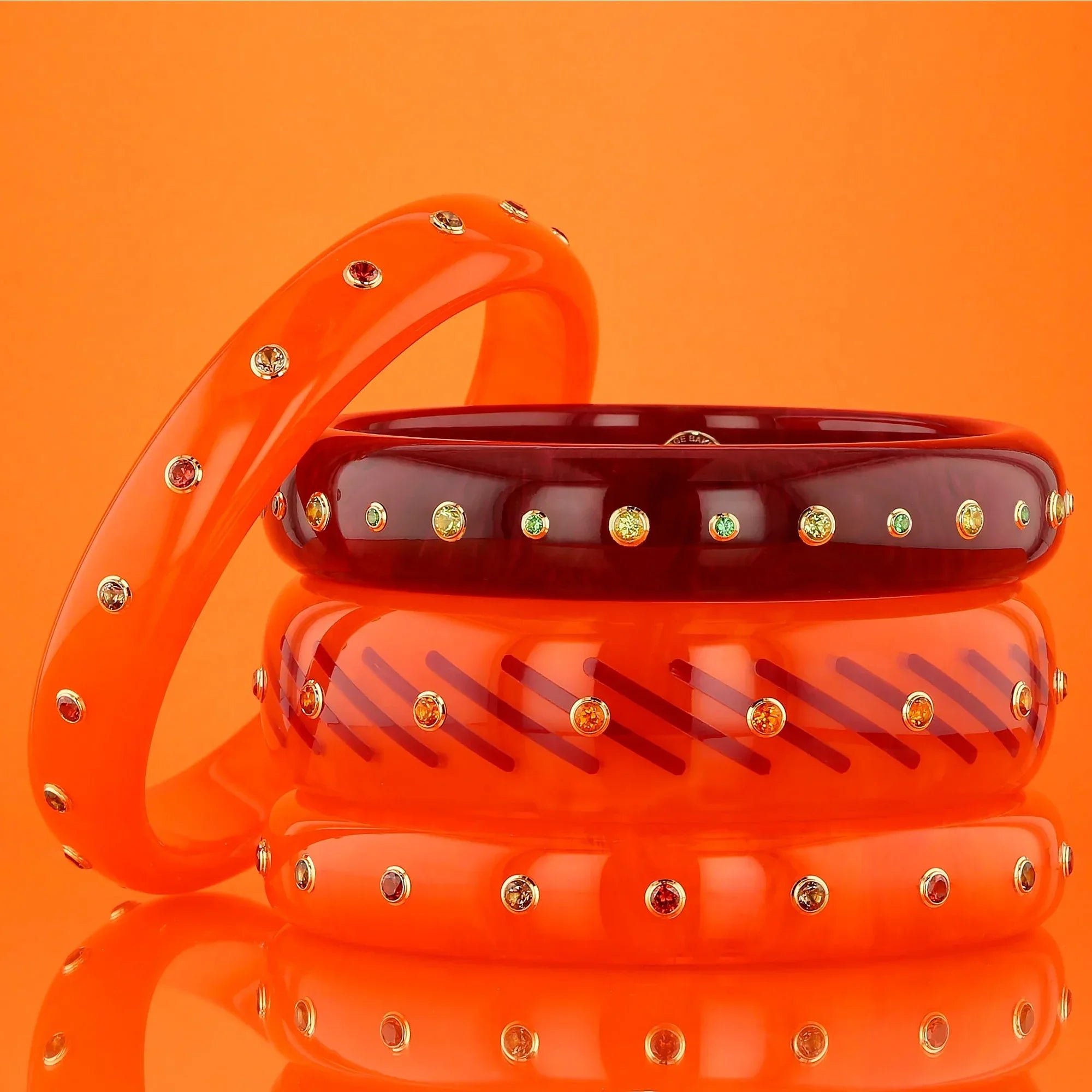 Clara Bangle | Bakelite bangle with a diagonal line inlay and stones.