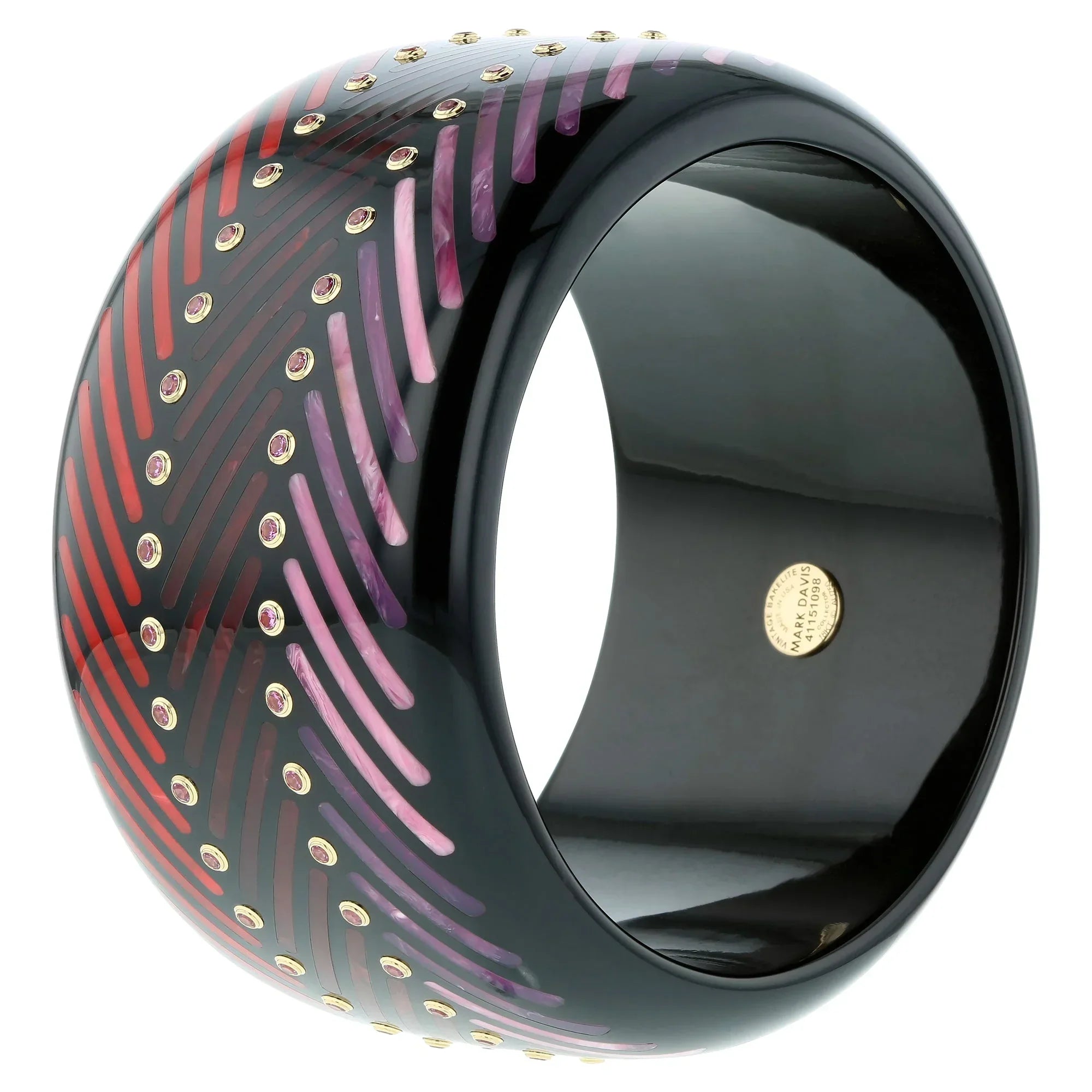 Clara III Bangle | Bakelite with parallel slanted line inlay and stones.