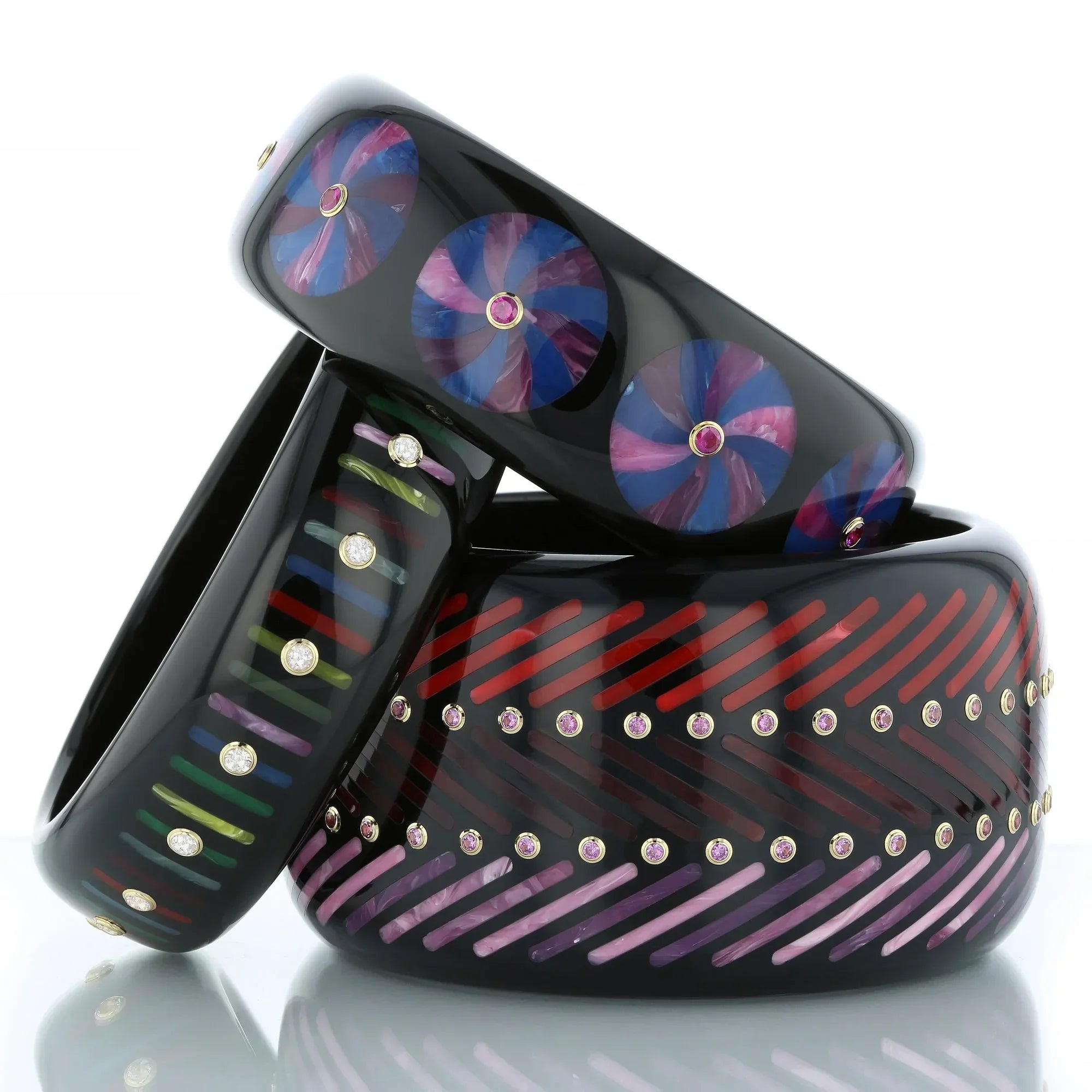 Clara III Bangle | Bakelite with parallel slanted line inlay and stones.