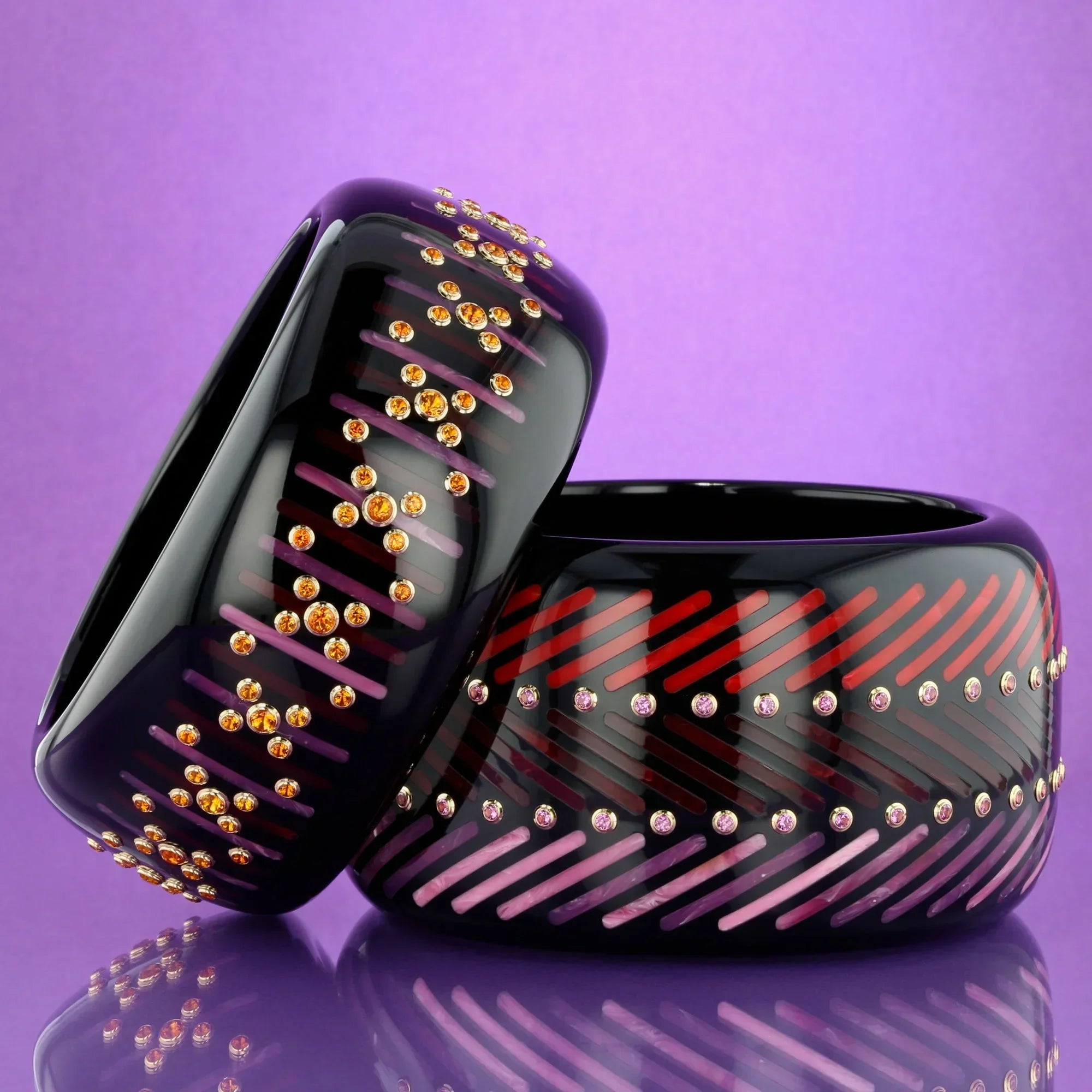 Clara III Bangle | Bakelite with parallel slanted line inlay and stones.