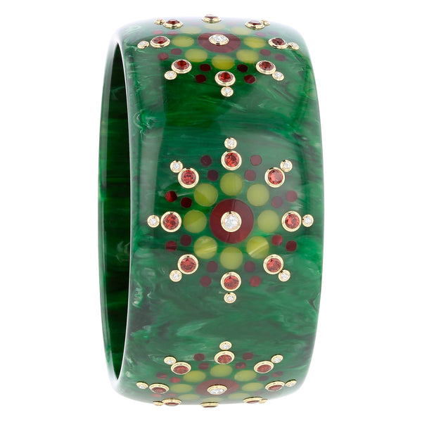 Dahlia Bangle | Bakelite bangle with inlay and stones, starburst pattern.