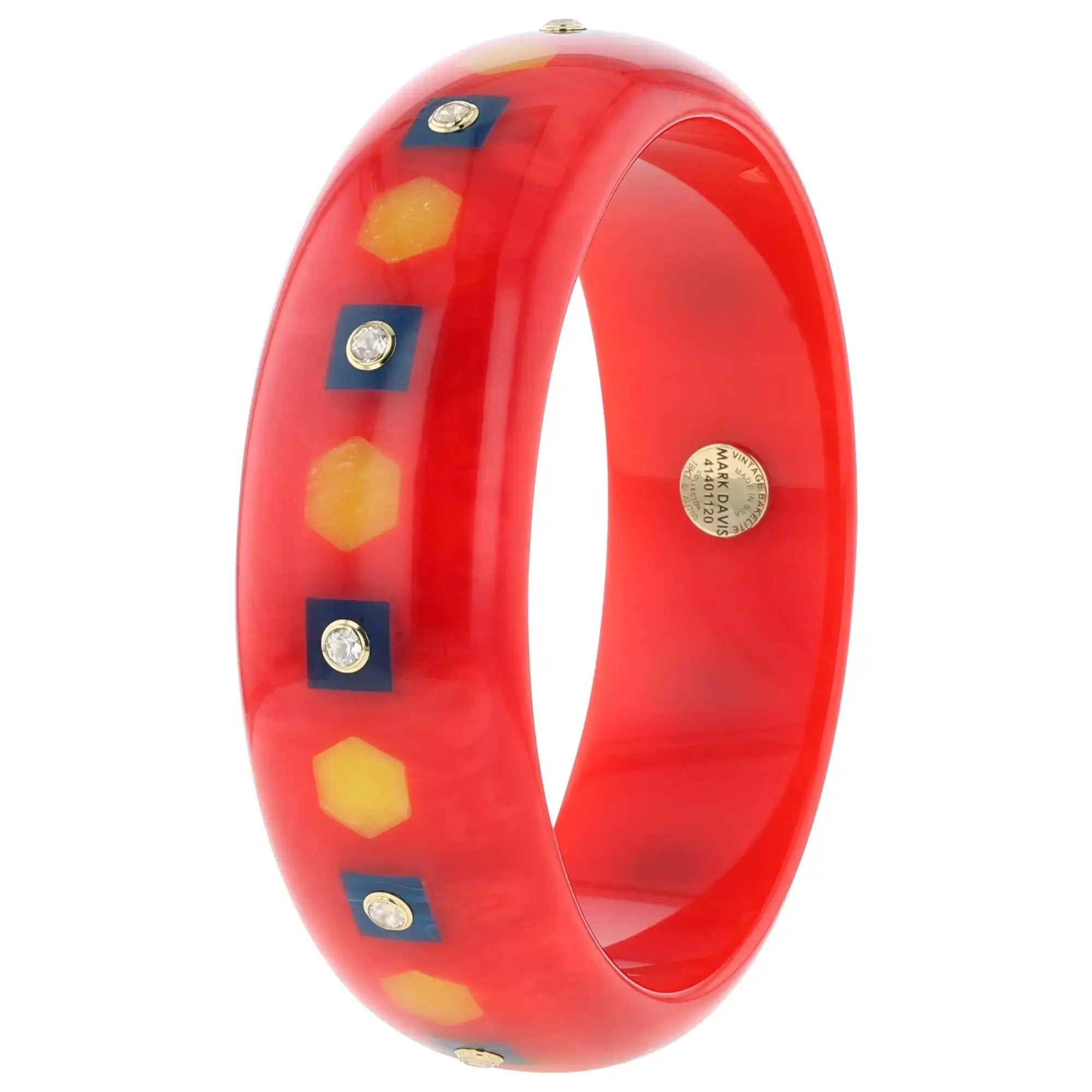 Dalia Bangle | Vermillion red bakelite with inlay and stones.