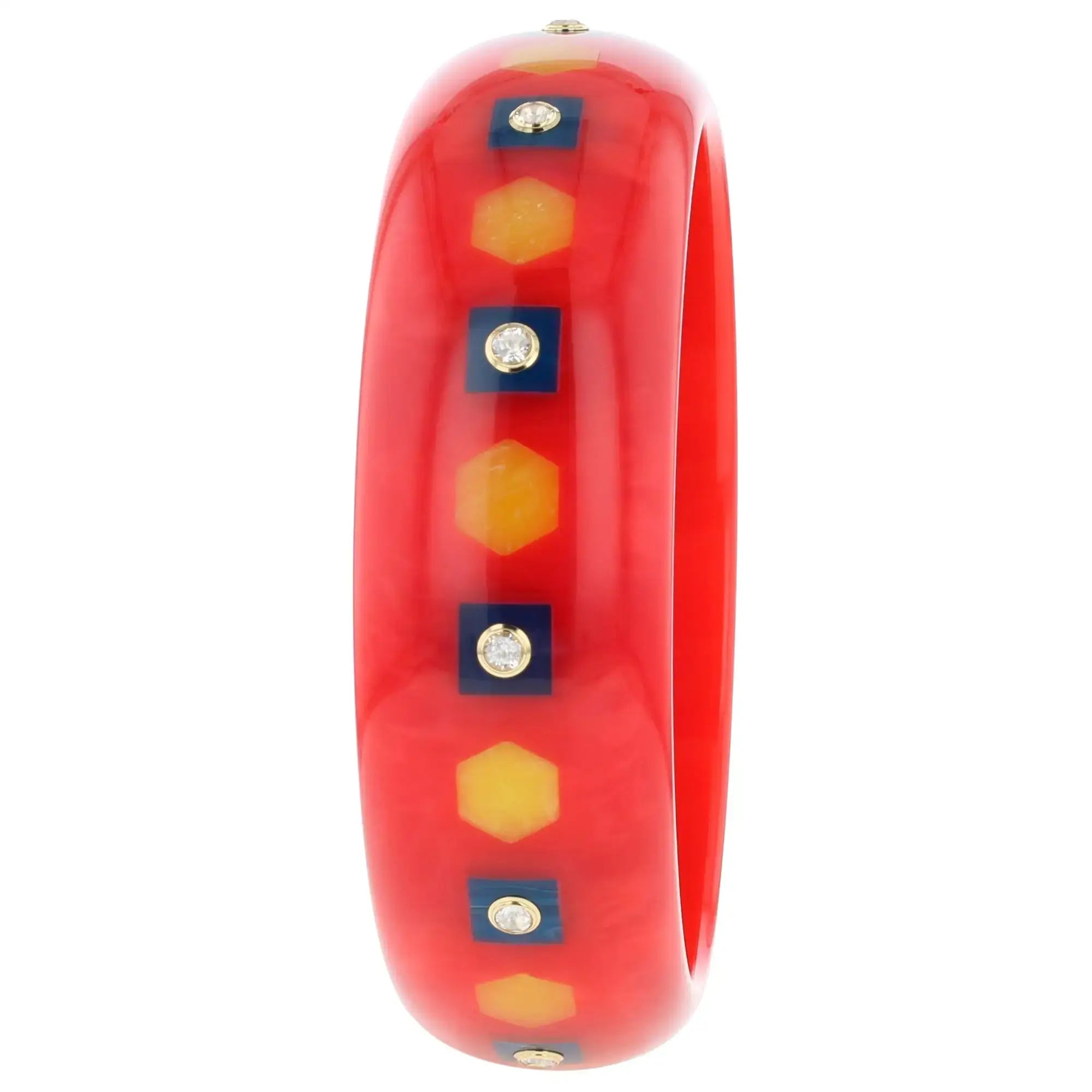 Dalia Bangle | Vermillion red bakelite with inlay and stones.