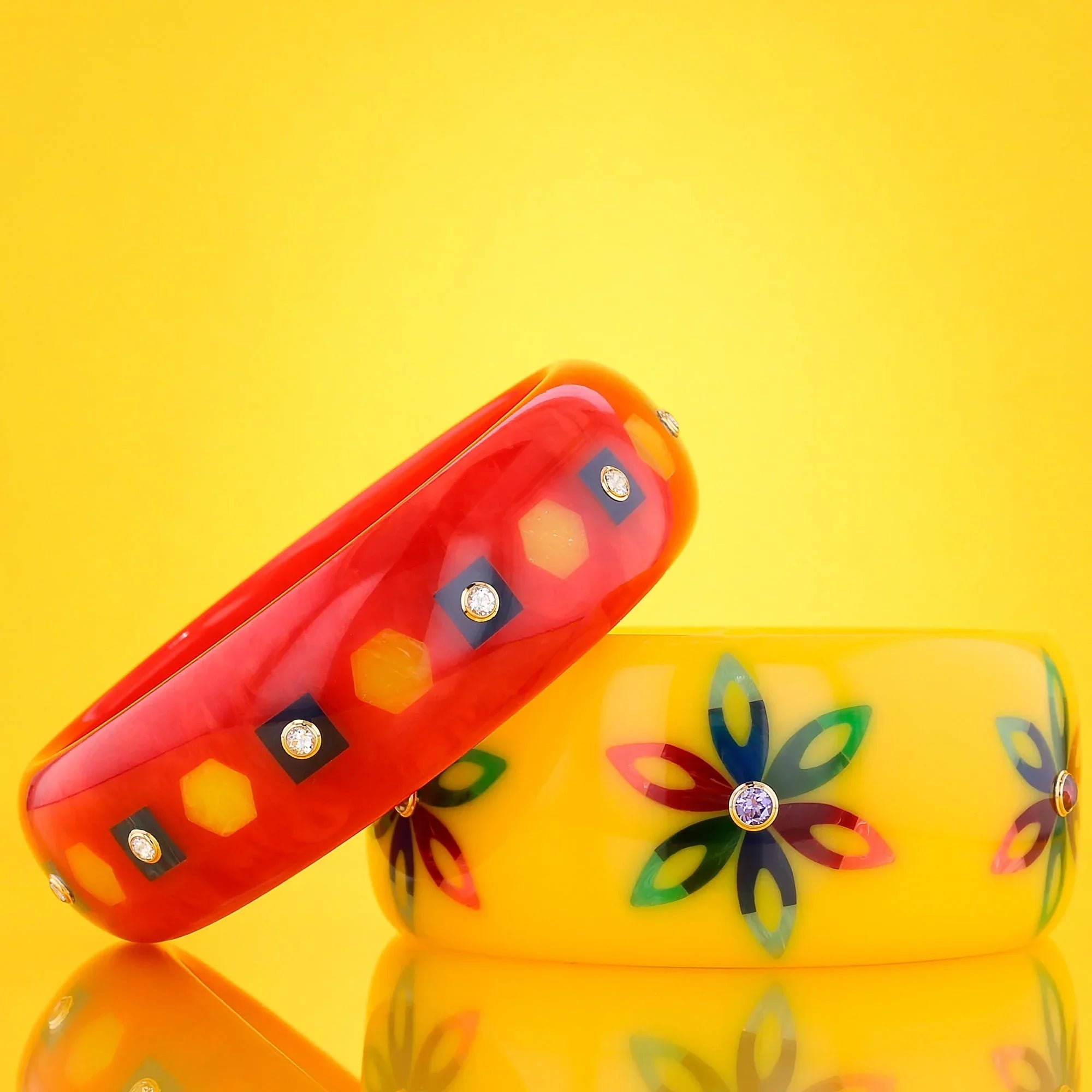 Dalia Bangle | Vermillion red bakelite with inlay and stones.