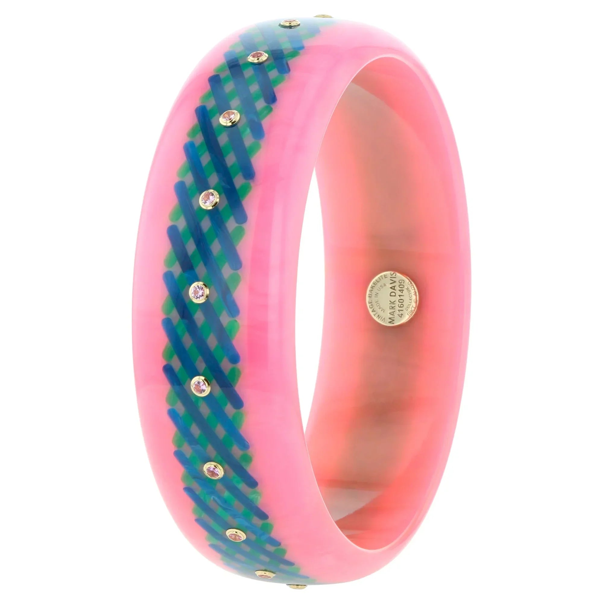 Elise Bangle | Bakelite with overlapping line pattern inlay and stones.