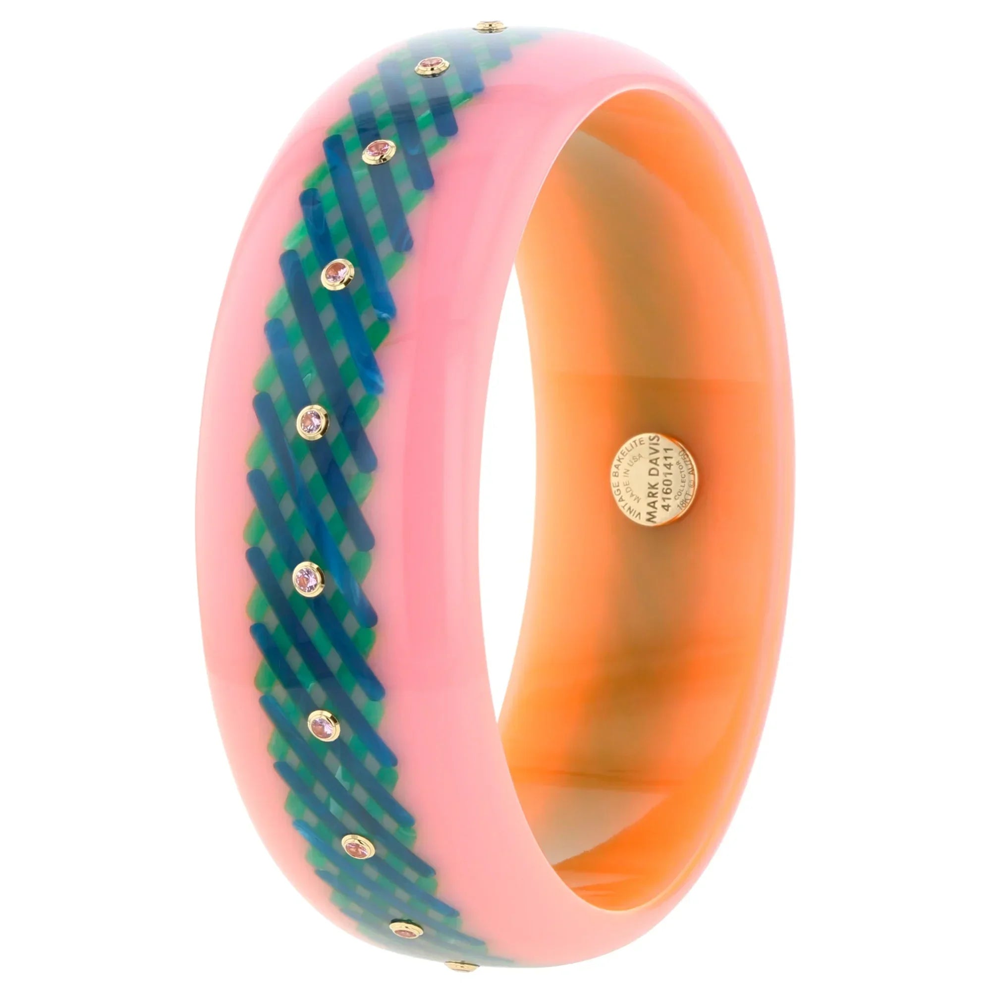 Elise Bangle | Bakelite with crosshatched lines inlay and stones.