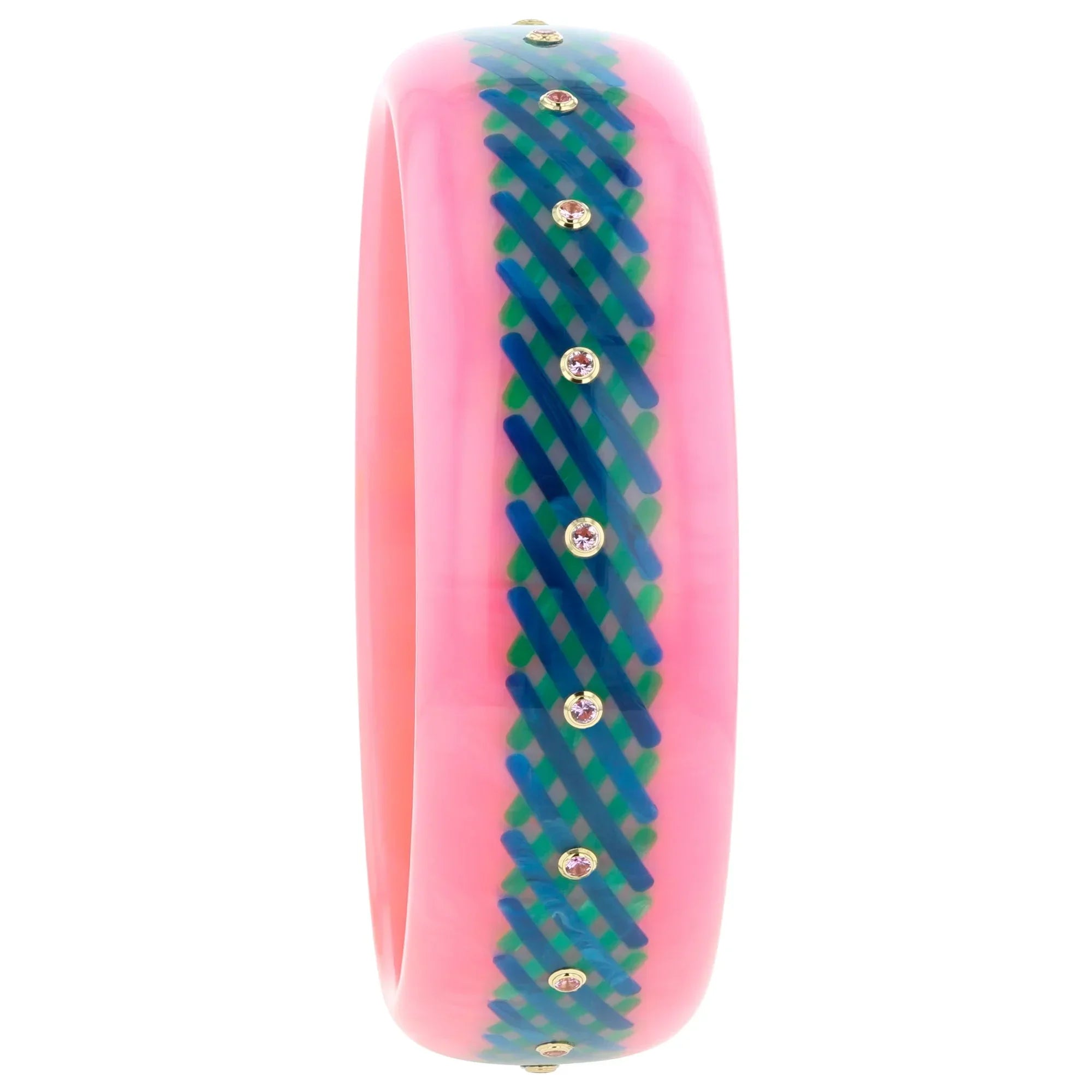 Elise Bangle | Bakelite with overlapping line pattern inlay and stones.