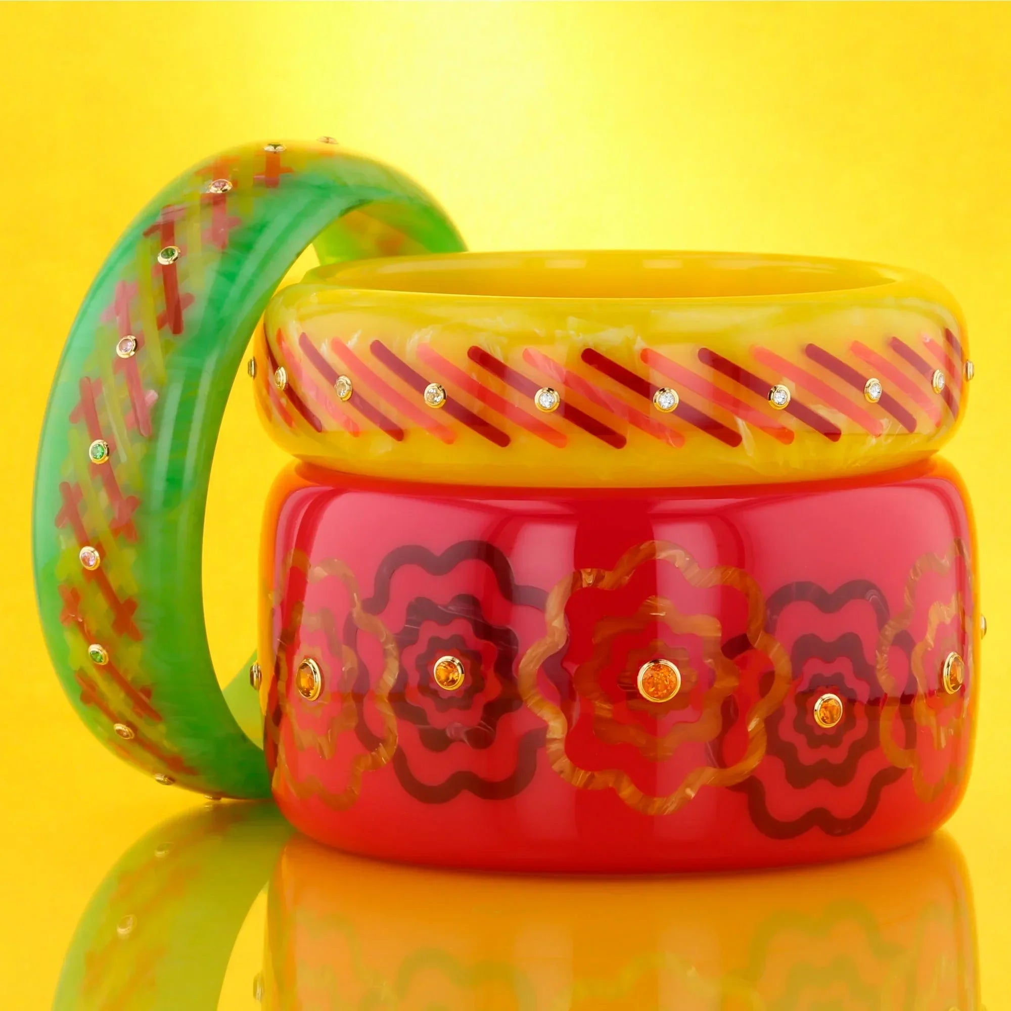 Elise Bangle | Bright green bakelite with inlay and stones.