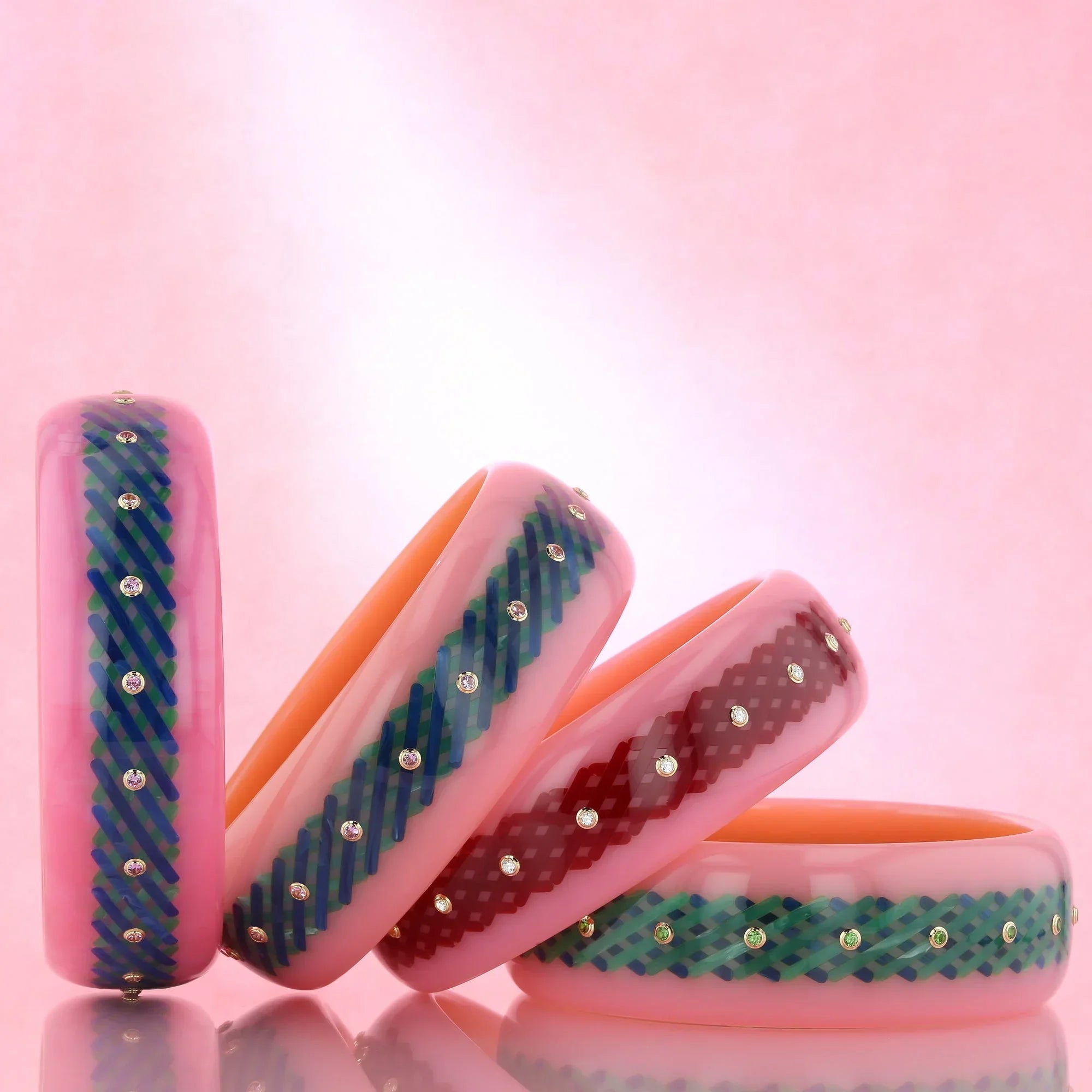 Elise Bangle | Bakelite with crosshatched lines inlay and stones.