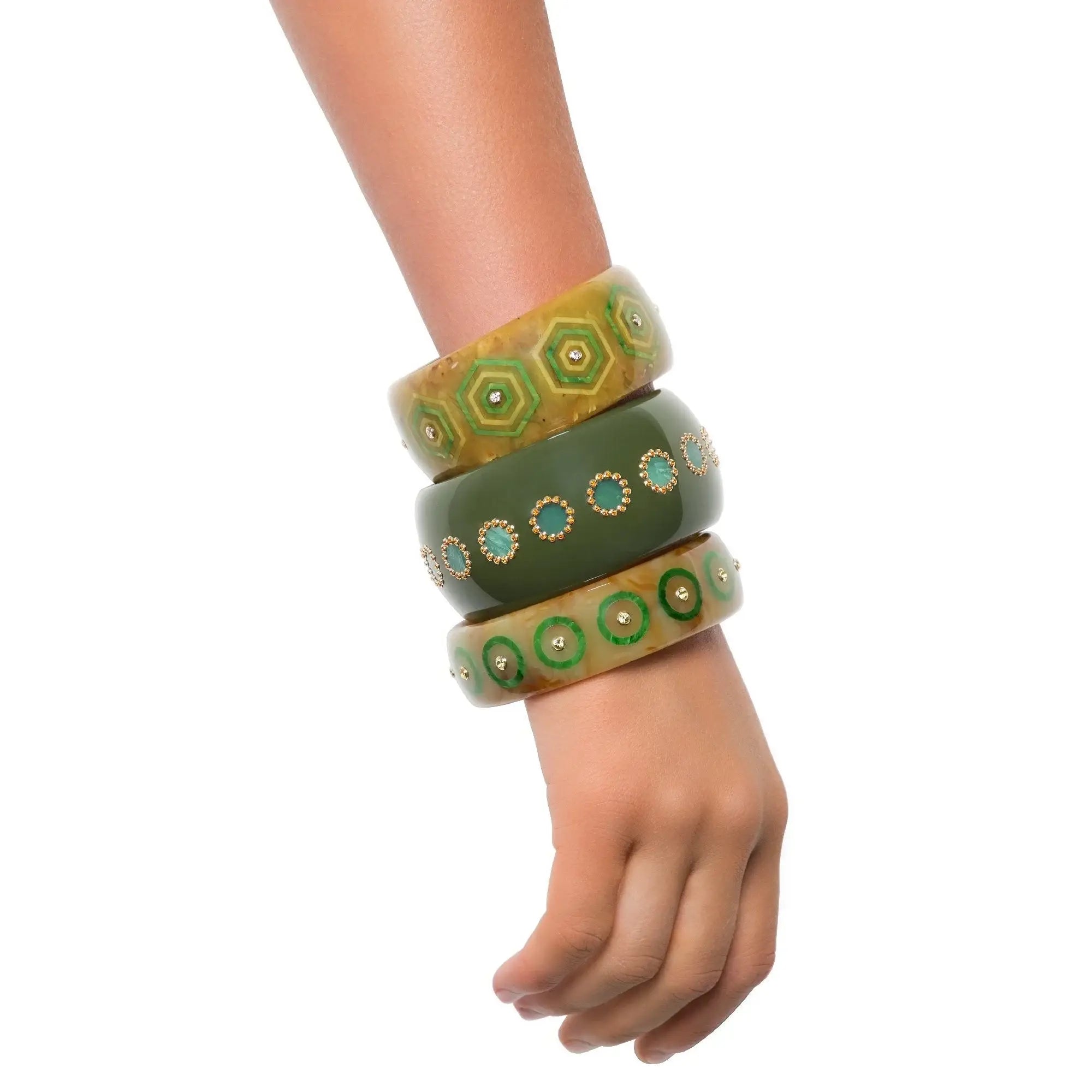 Emmeline Bangle | Bakelite bangle with an inlaid hexagonal motif design and stones.