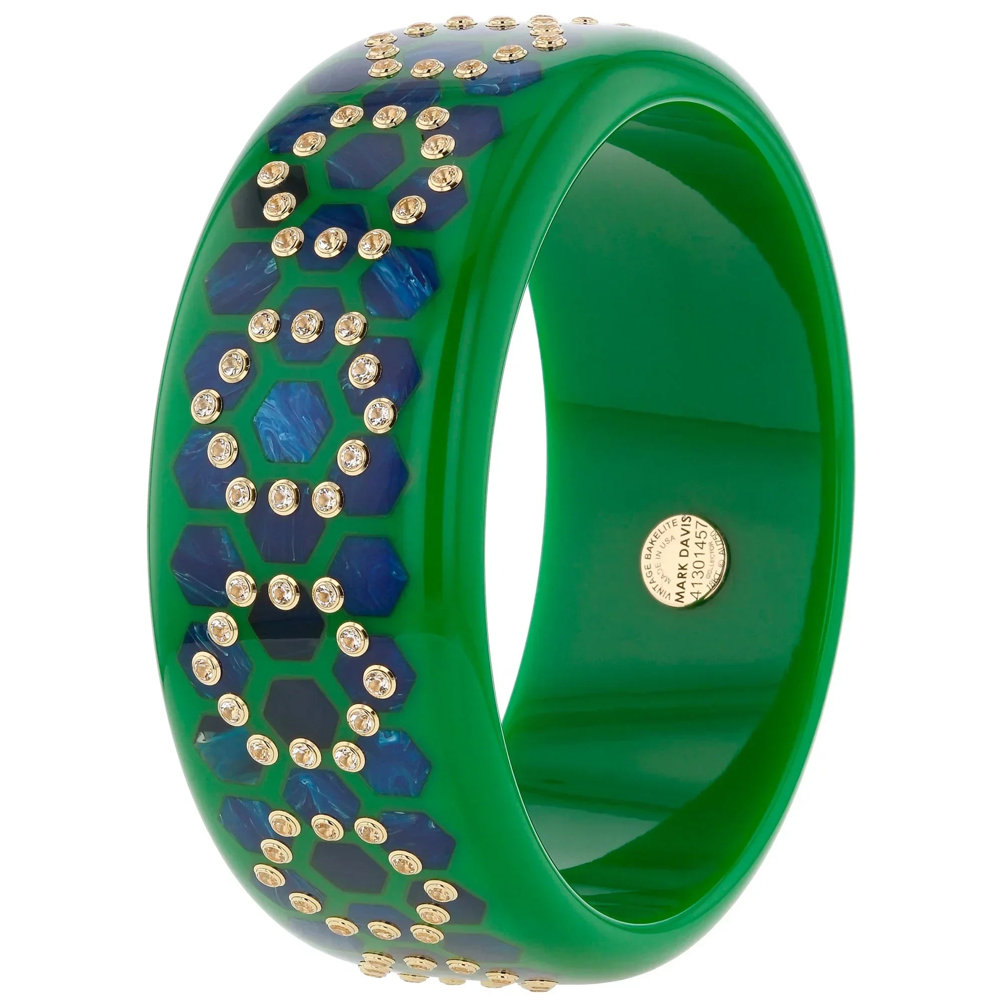 Finn III Bangle | Blue bakelite with hexagons inlay and stones.